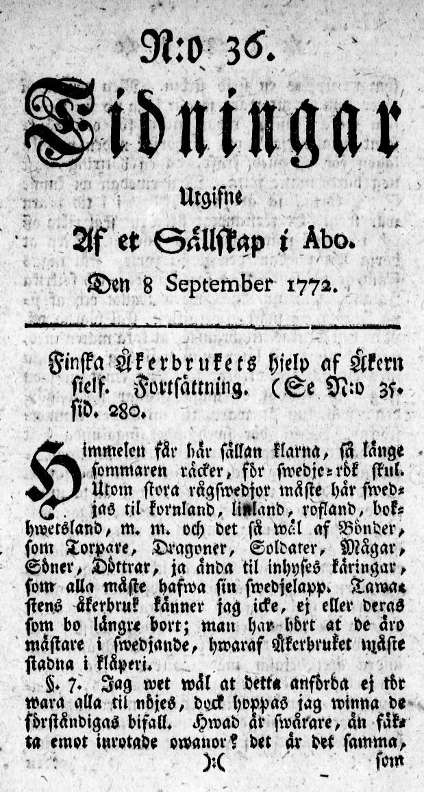 Tidningssida ur TIDNINGAR UTGIFNE AF ET SÄLLSKAP I ÅBO, 1772-09-08