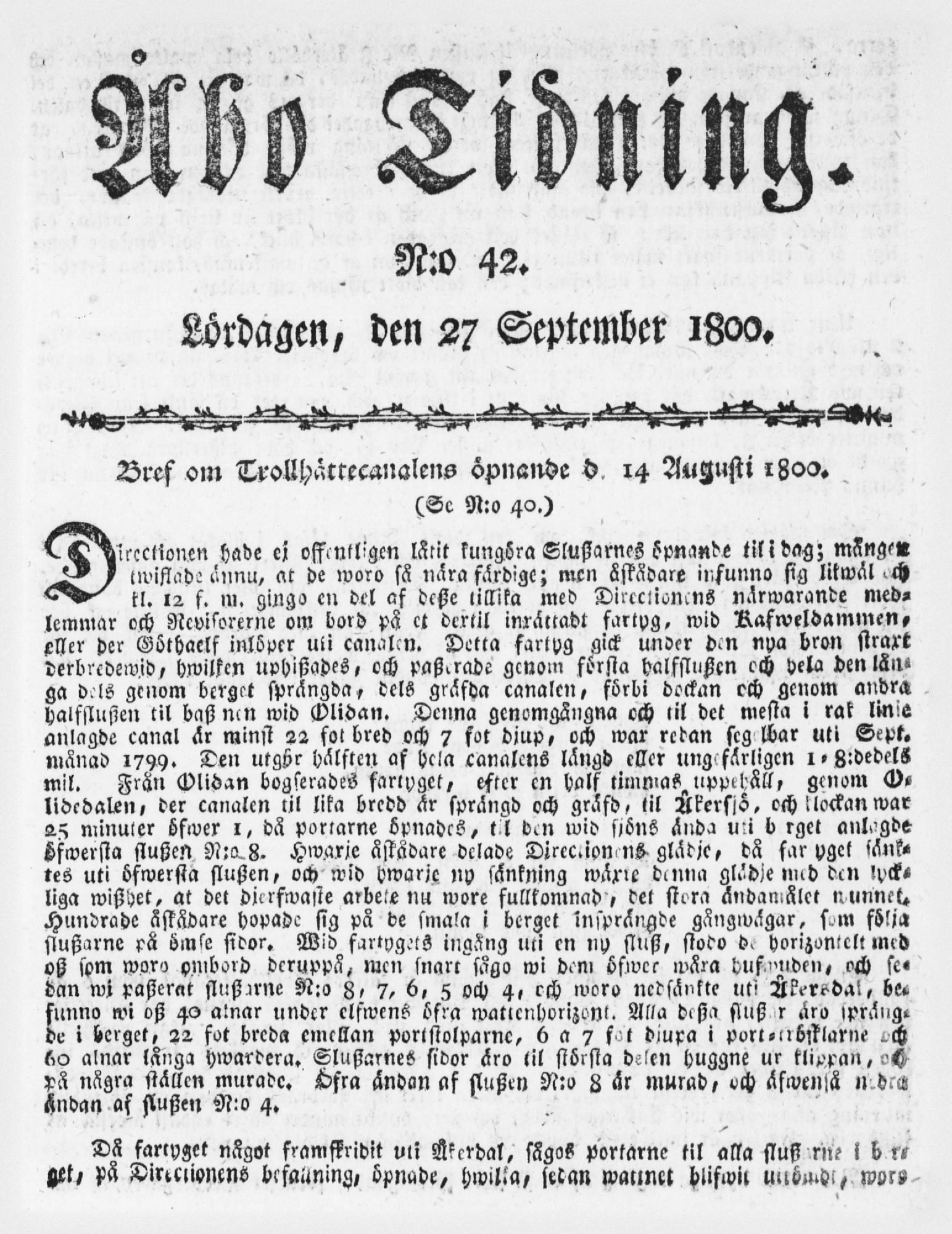 Tidningssida ur ÅBO TIDNING, 1800-09-27