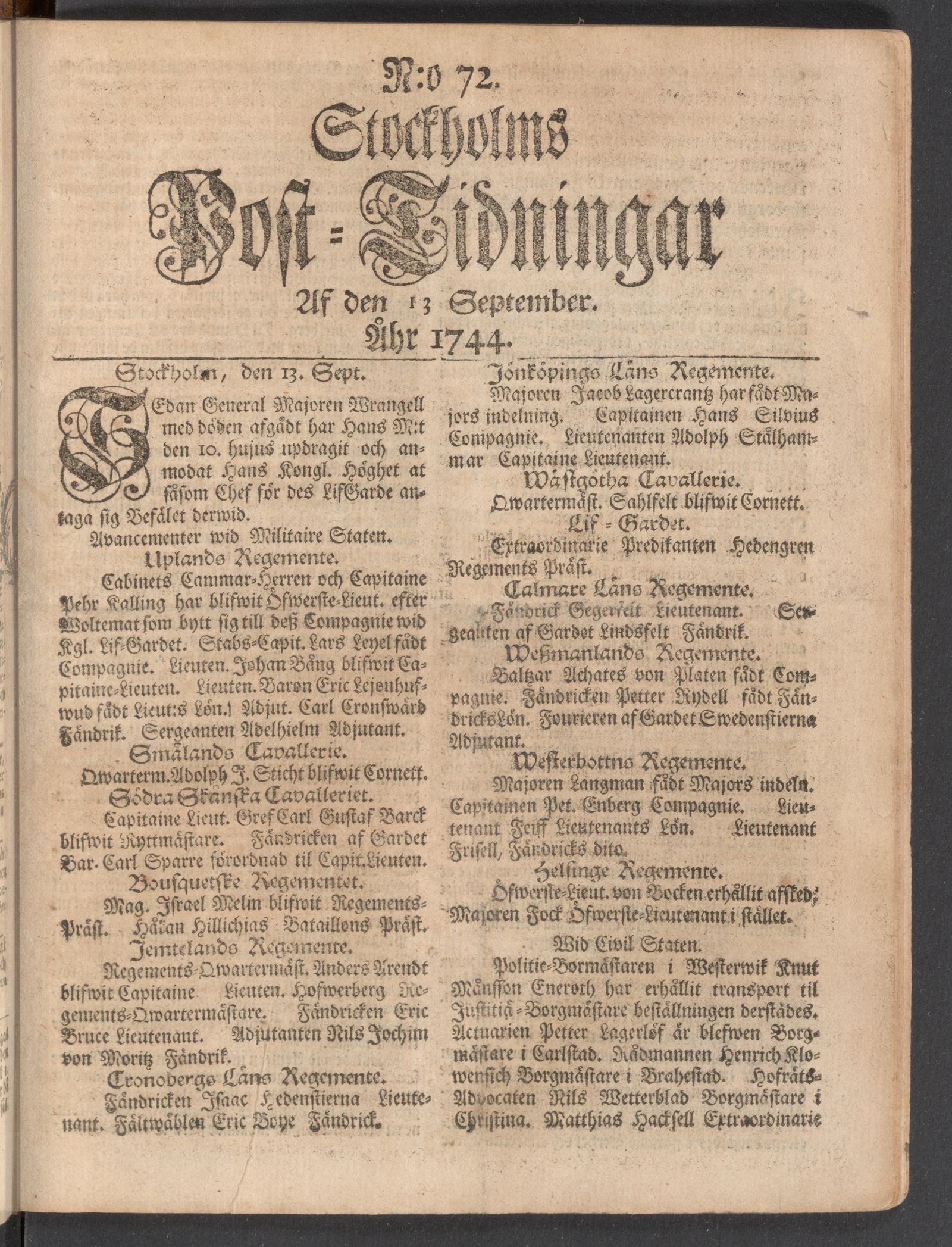 Tidningssida ur POSTTIDNINGAR, 1744-09-13