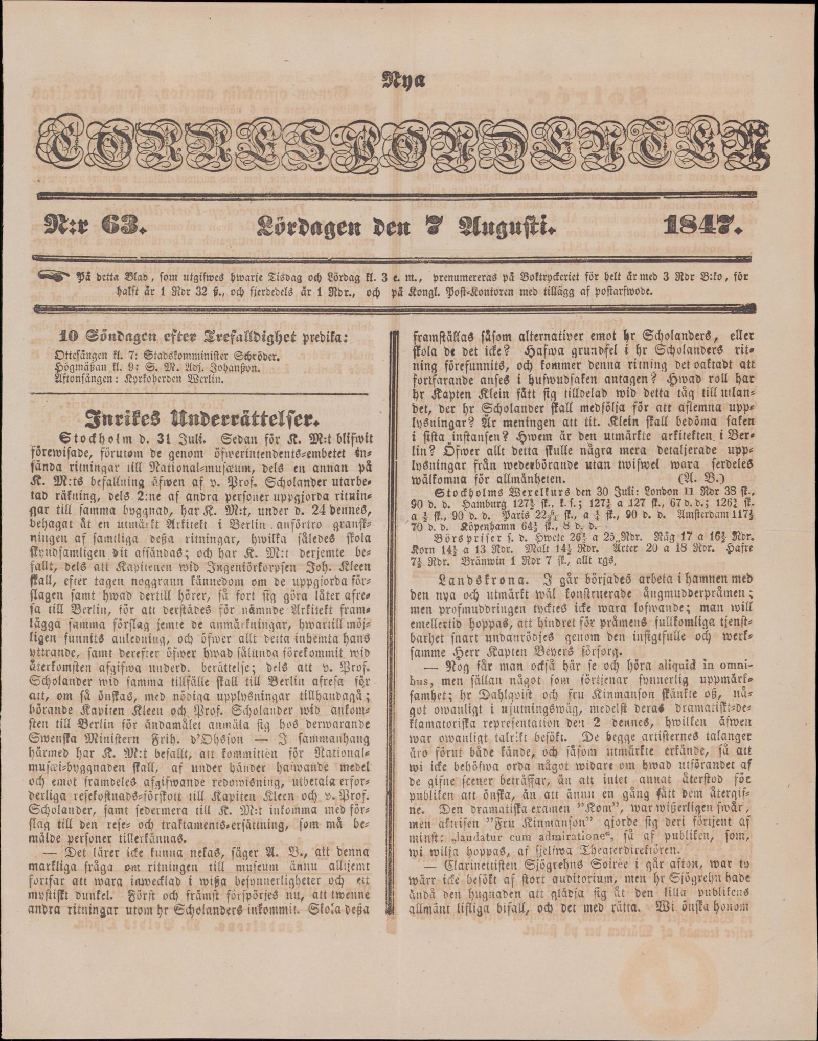 Tidningssida ur Korrespondenten, 1847-08-07