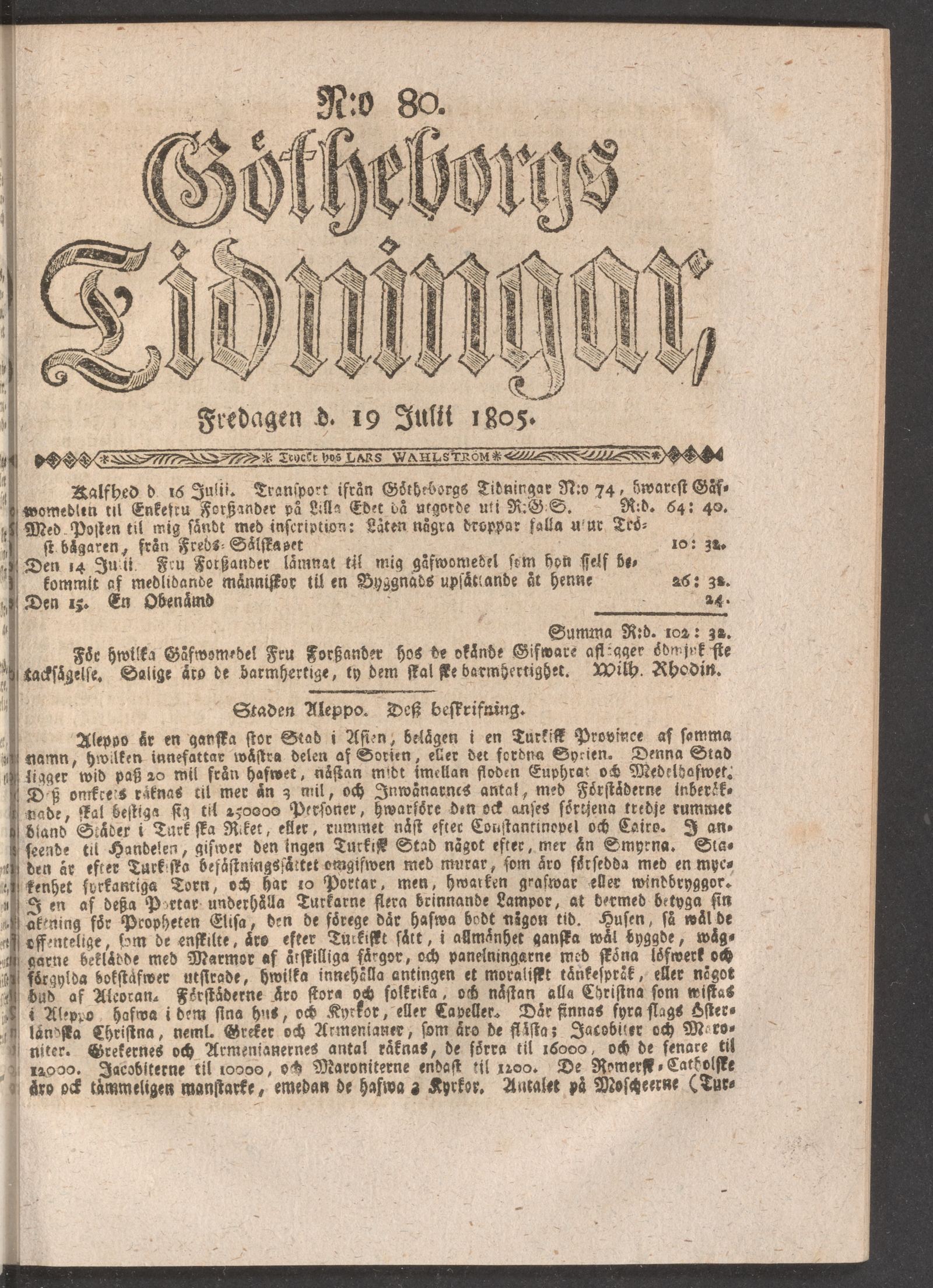 Tidningssida ur GÖTHEBORGS TIDNINGAR, 1805-07-19