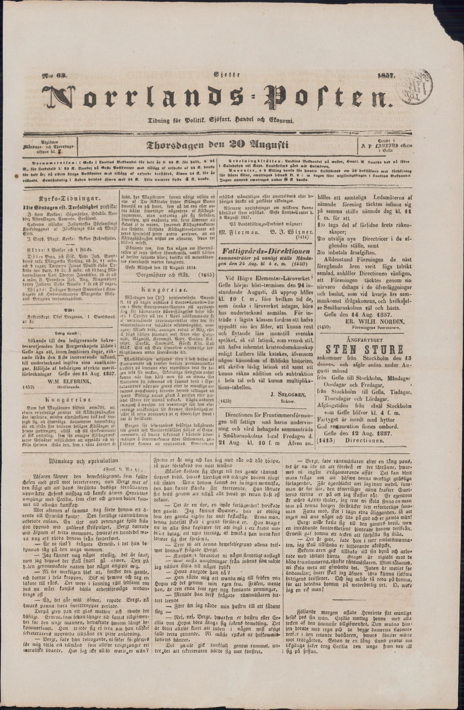 Tidningssida ur NORRLANDSPOSTEN, 1857-08-20