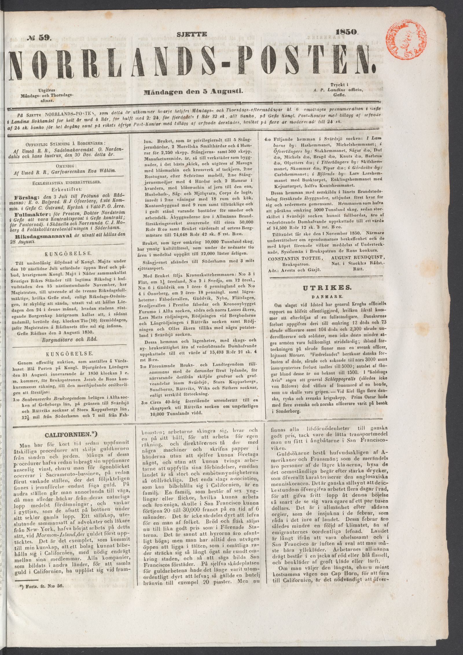 Tidningssida ur NORRLANDSPOSTEN, 1850-08-05