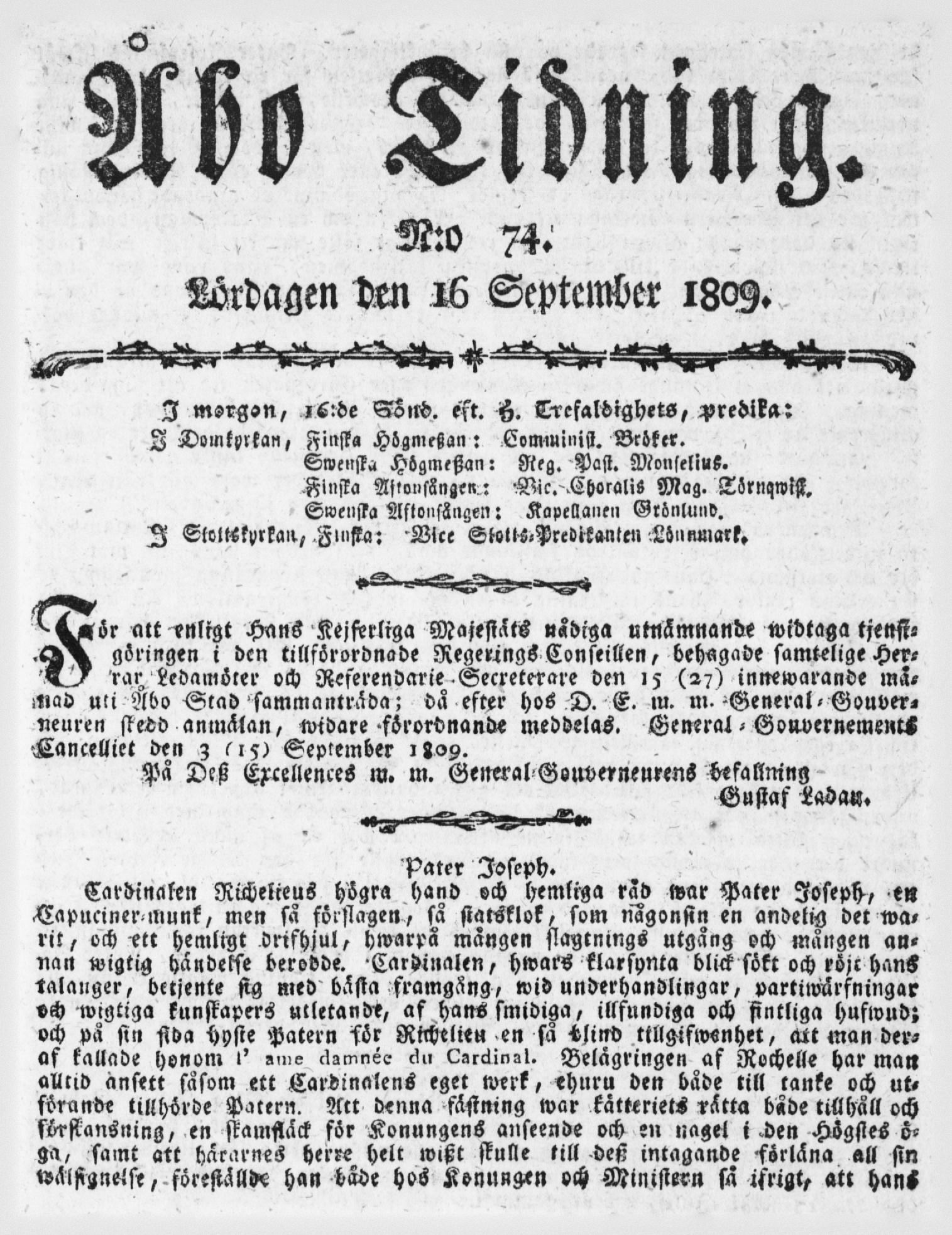 Tidningssida ur ÅBO TIDNING, 1809-09-16