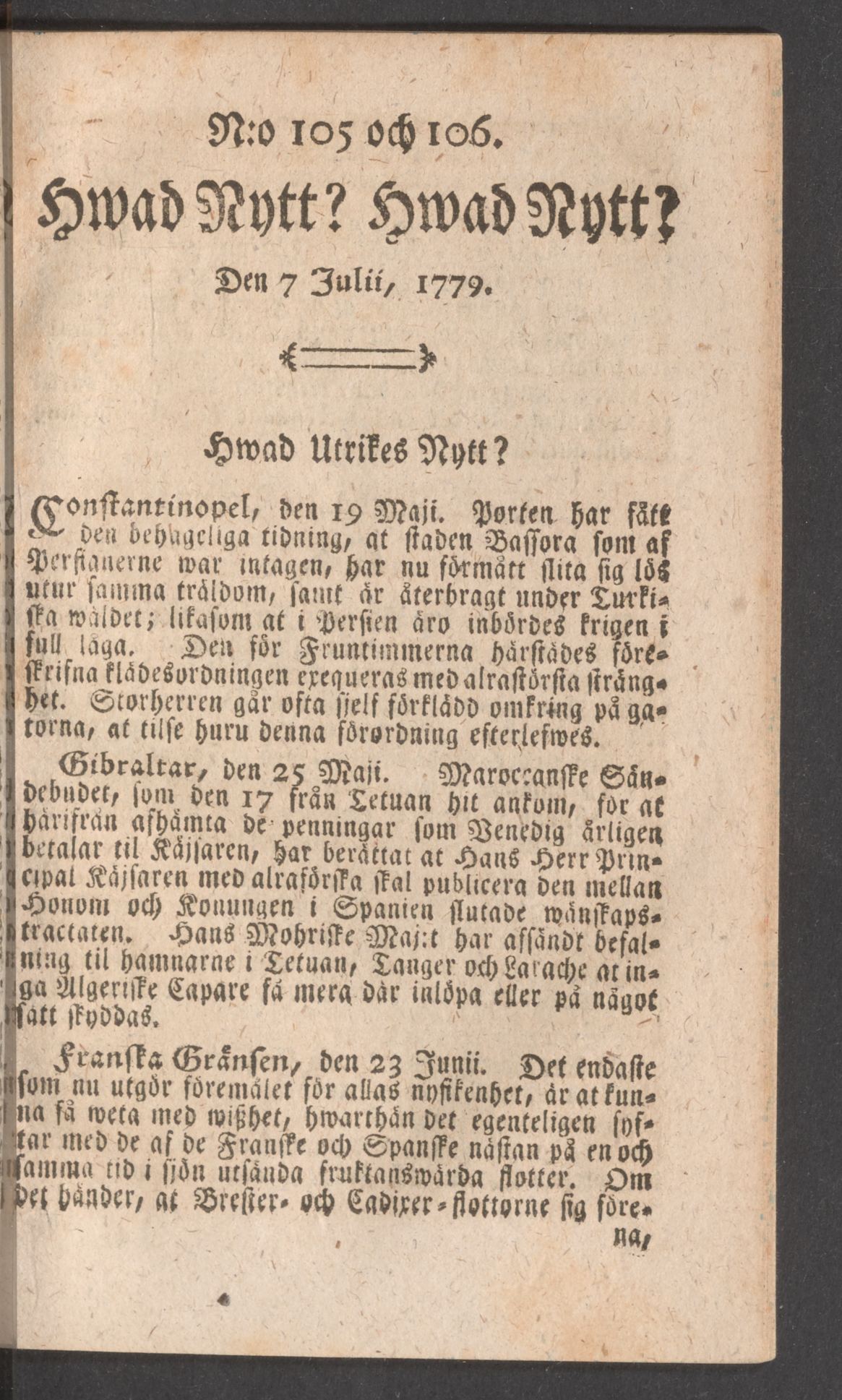 Tidningssida ur HWAD NYTT?, 1779-07-07