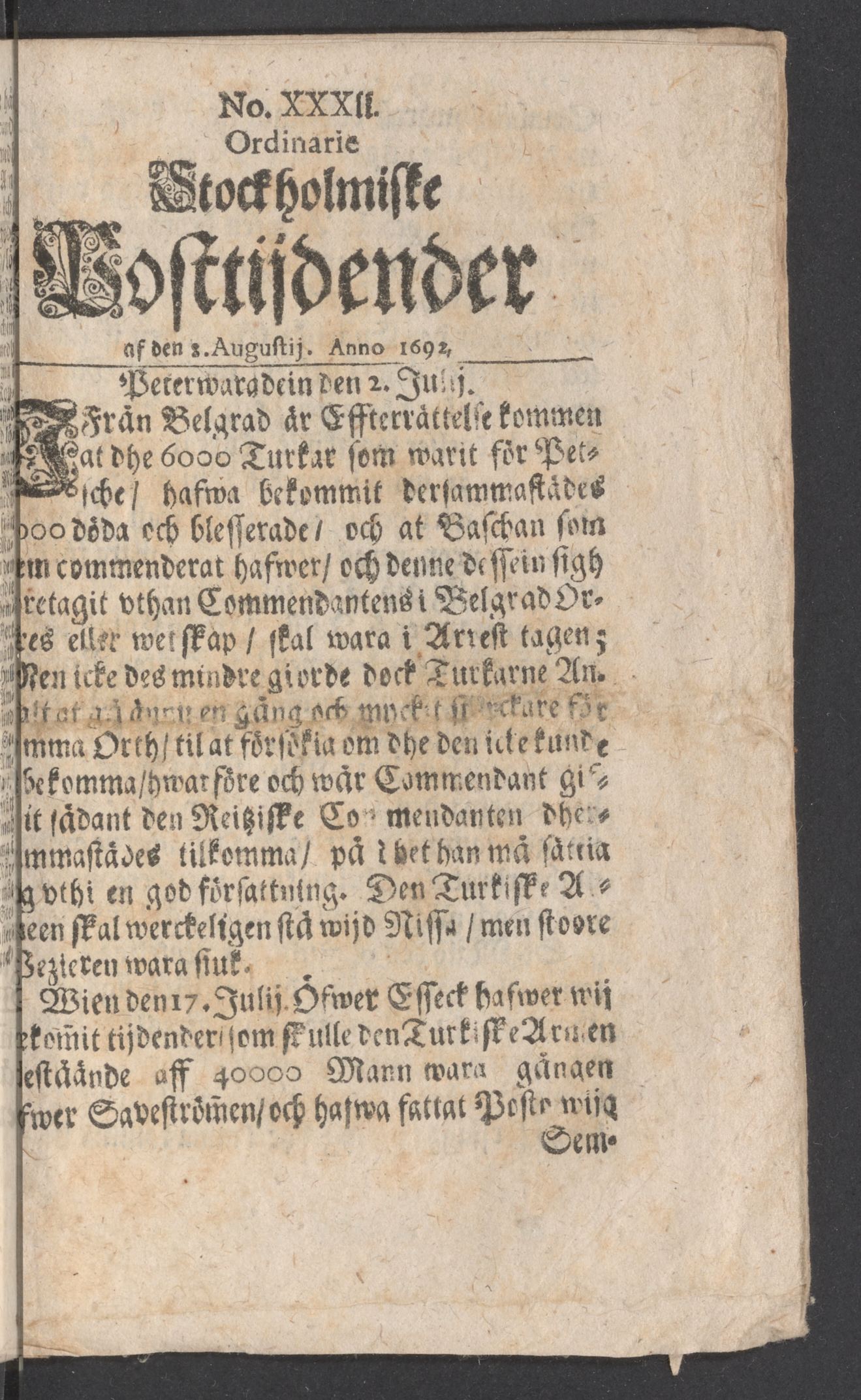 Tidningssida ur POSTTIDNINGAR, 1692-08-08