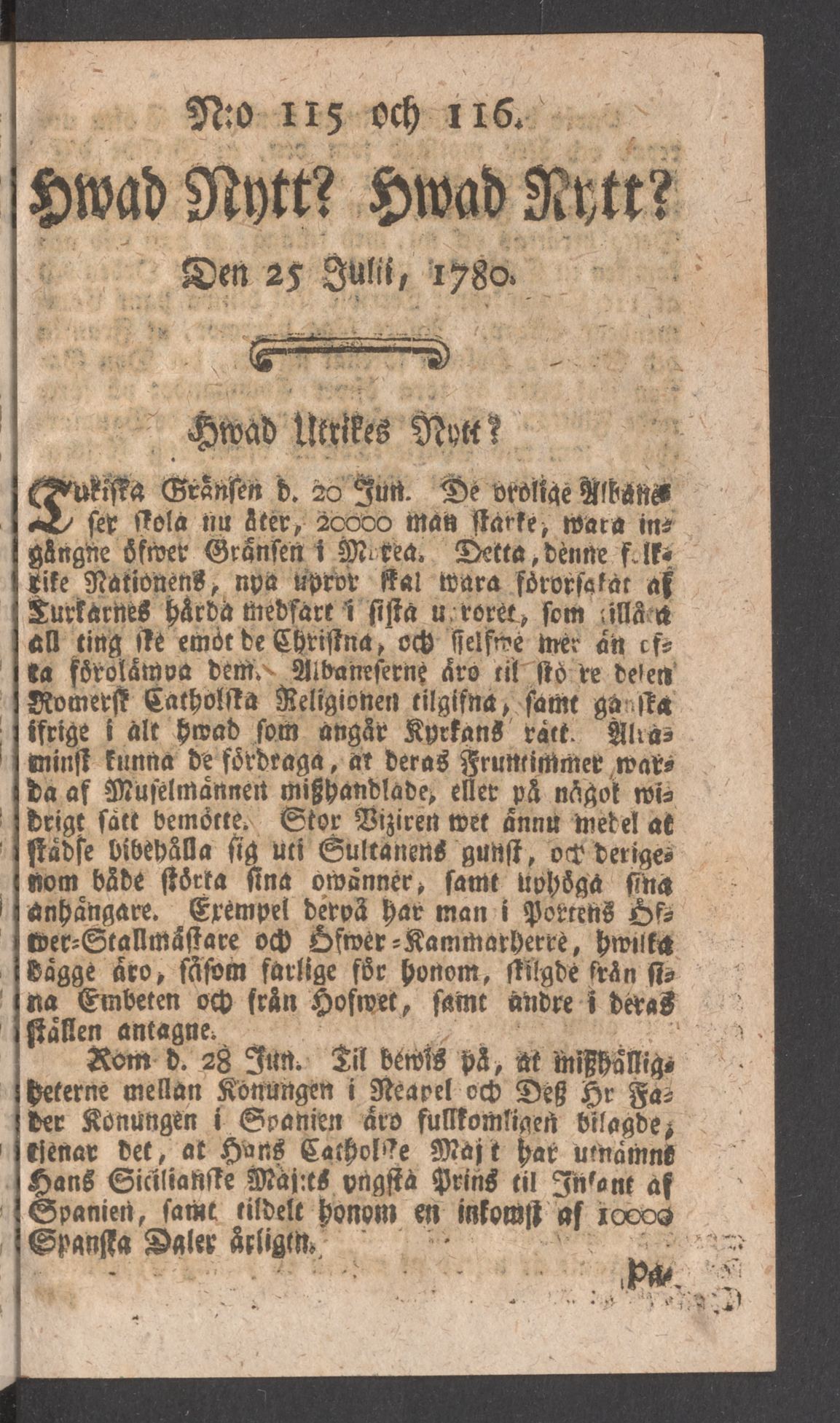 Tidningssida ur HWAD NYTT?, 1780-07-25