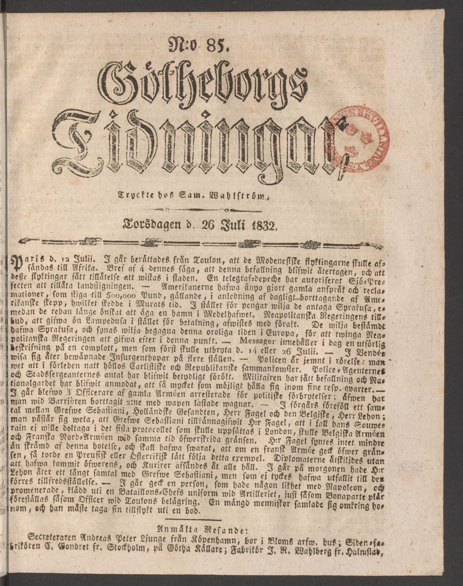 Tidningssida ur GÖTHEBORGS TIDNINGAR, 1832-07-26
