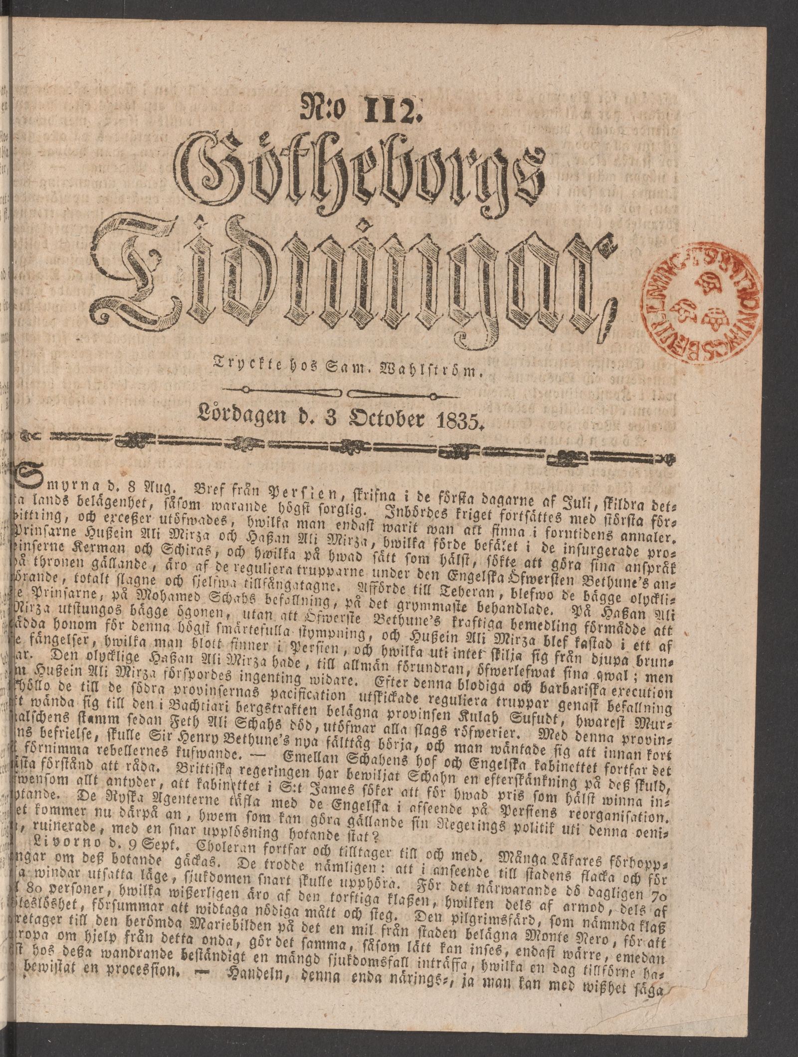 Tidningssida ur GÖTHEBORGS TIDNINGAR, 1835-10-03