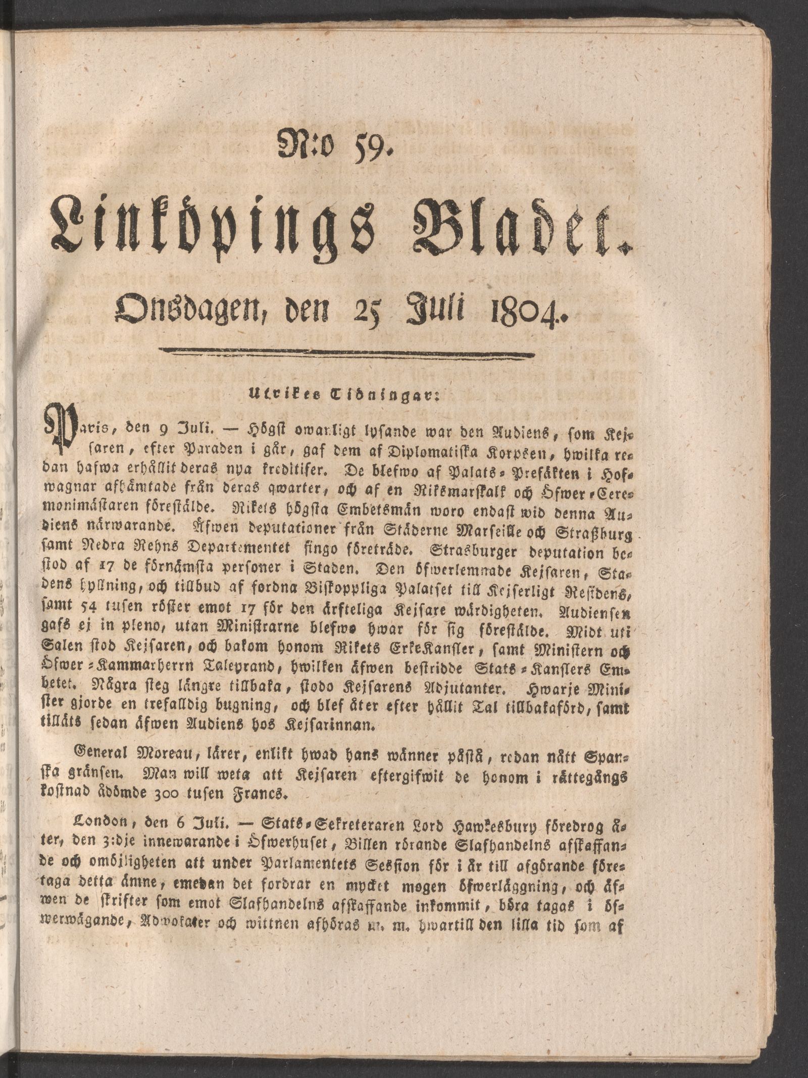 Tidningssida ur LINKÖPINGSBLADET, 1804-07-25