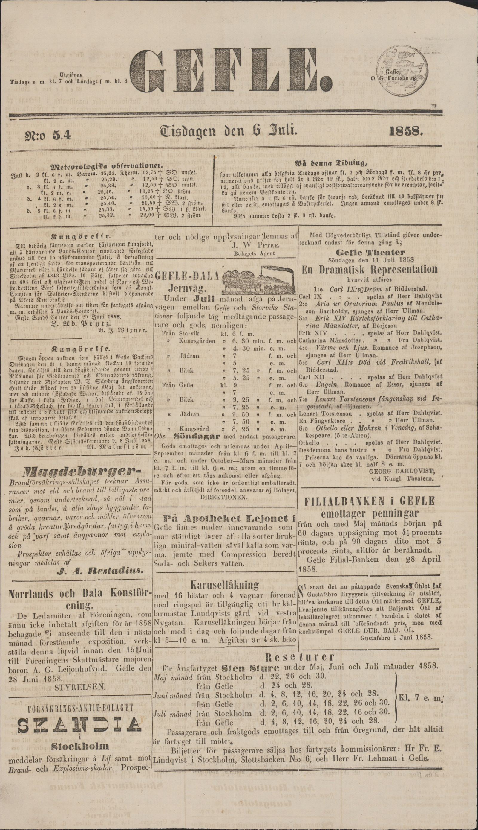 Tidningssida ur GEFLEBORGS LÄNS TIDNING, 1858-07-06