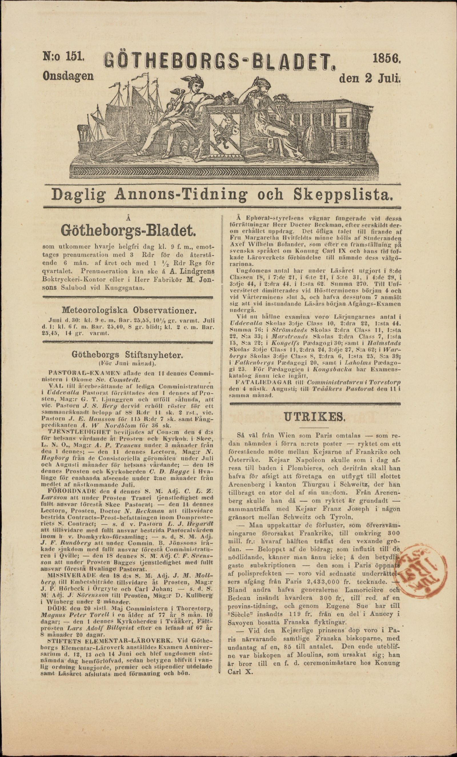 Tidningssida ur GÖTHEBORGSBLADET, 1856-07-02