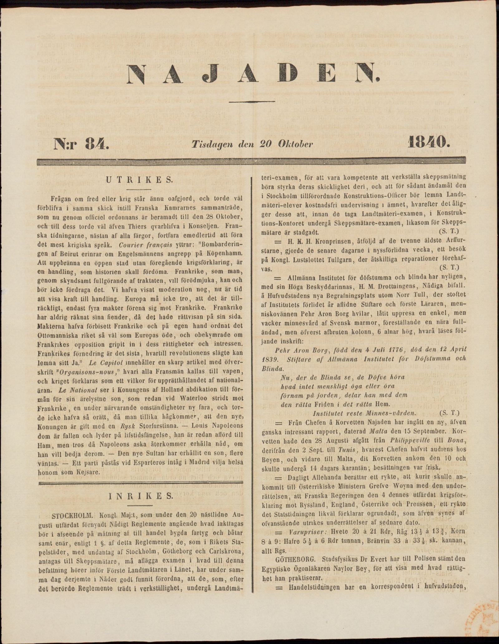Tidningssida ur NAJADEN, 1840-10-20