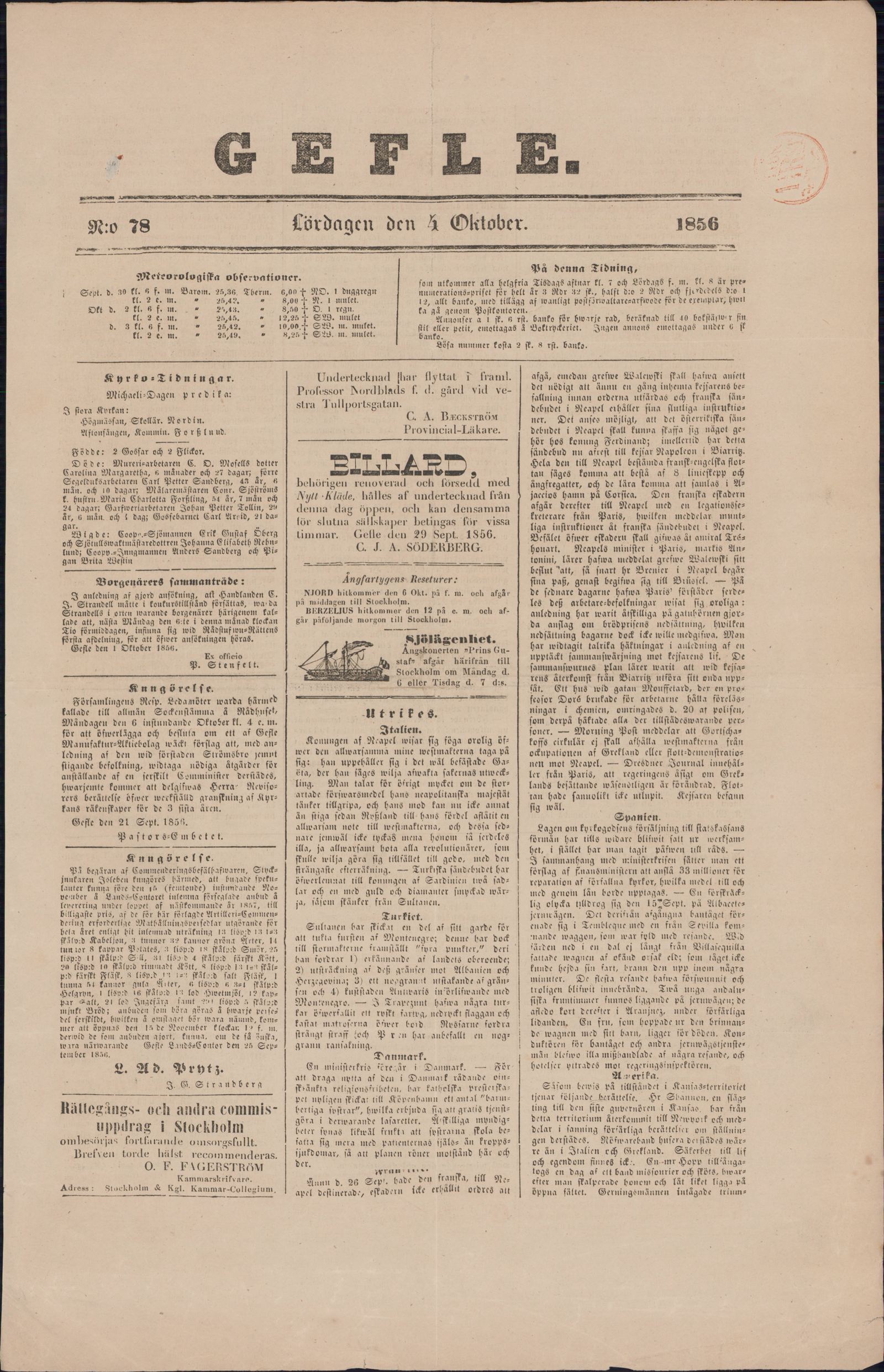 Tidningssida ur GEFLEBORGS LÄNS TIDNING, 1856-10-04