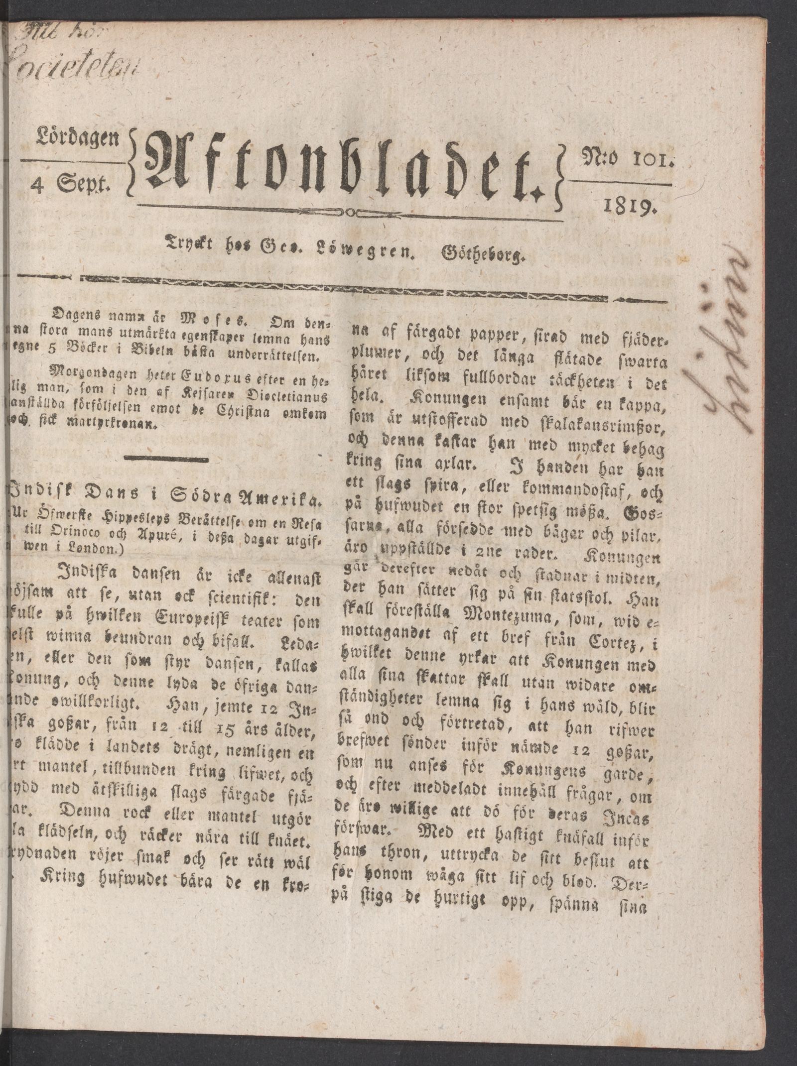 Tidningssida ur AFTONBLADET, 1819-09-04