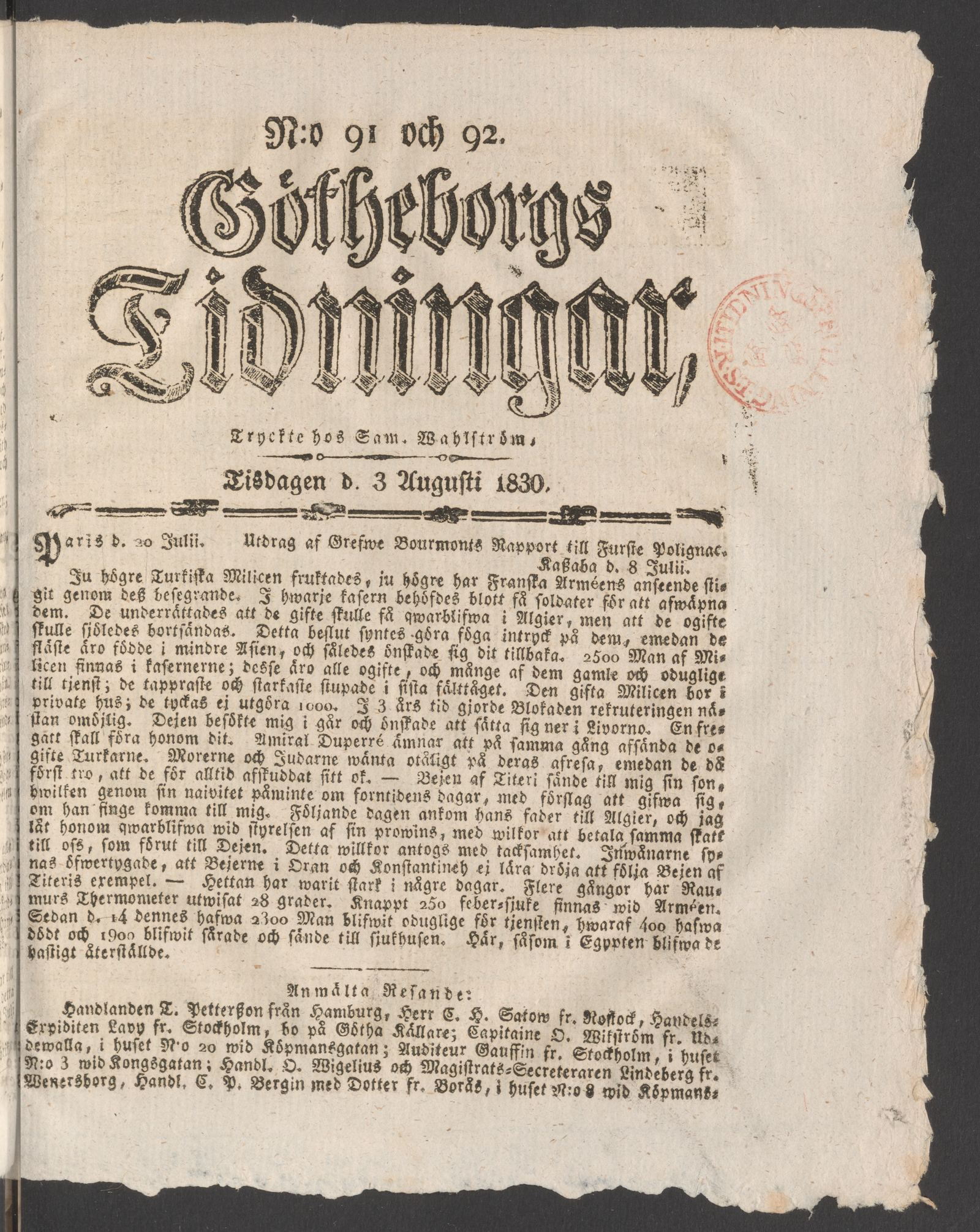 Tidningssida ur GÖTHEBORGS TIDNINGAR, 1830-08-03