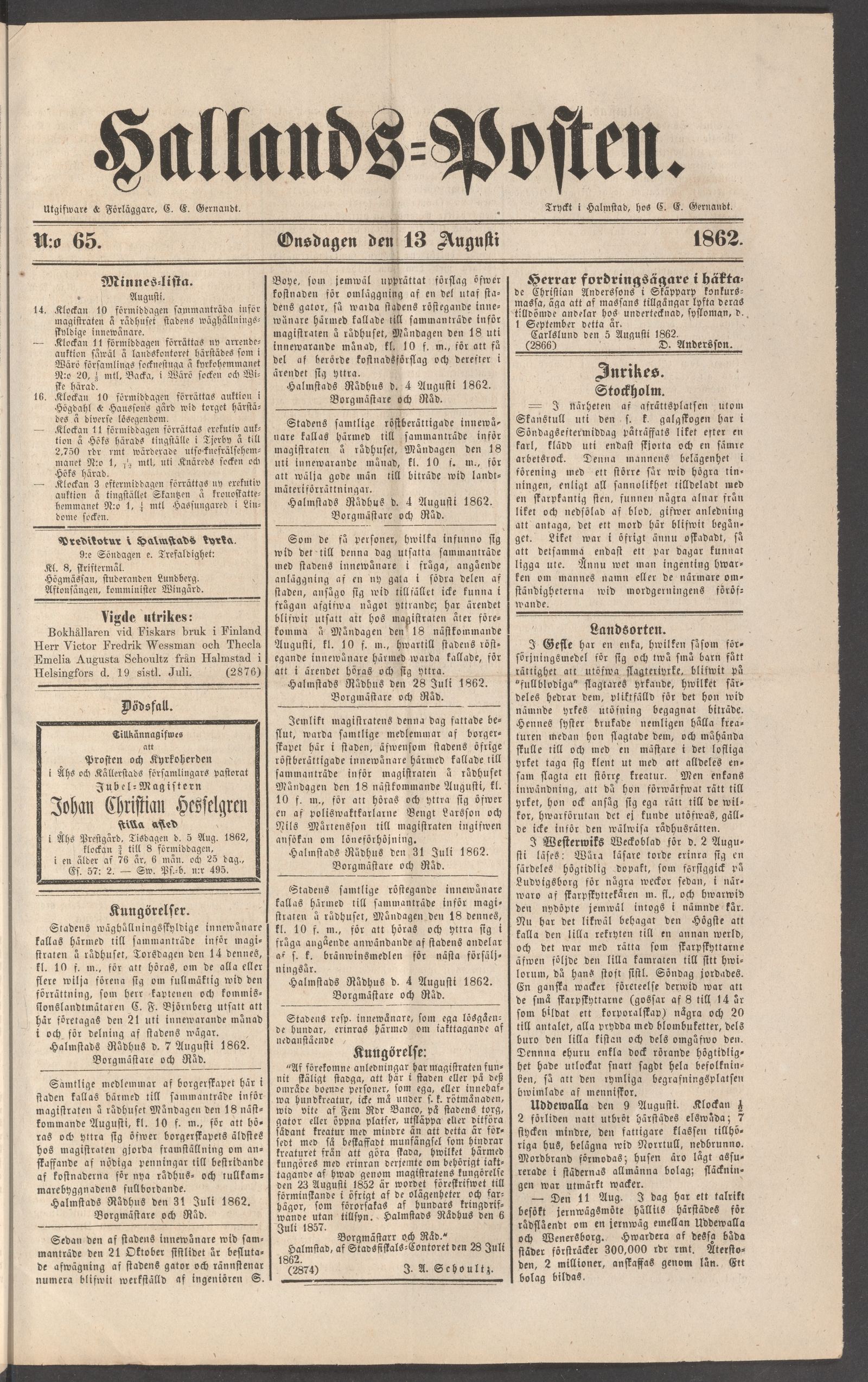 Tidningssida ur HALLANDSPOSTEN, 1862-08-13