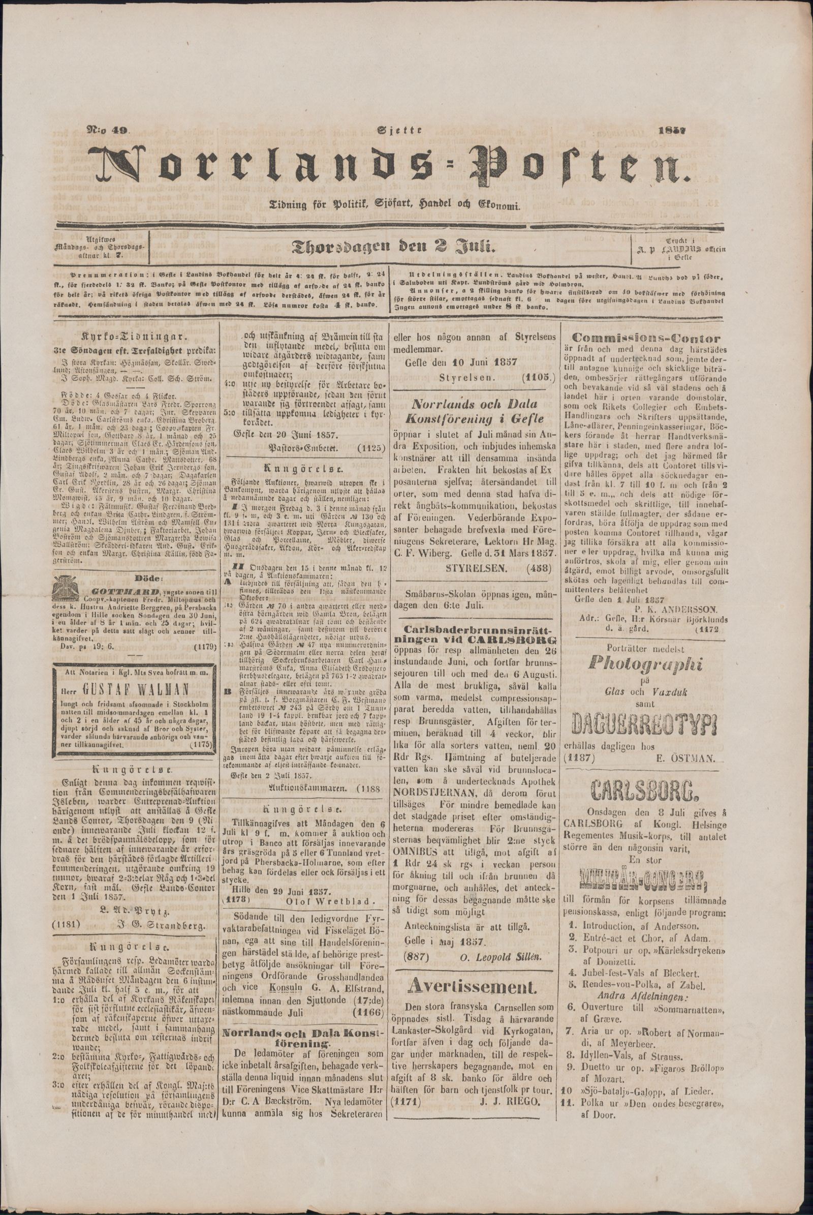 Tidningssida ur NORRLANDSPOSTEN, 1857-07-02