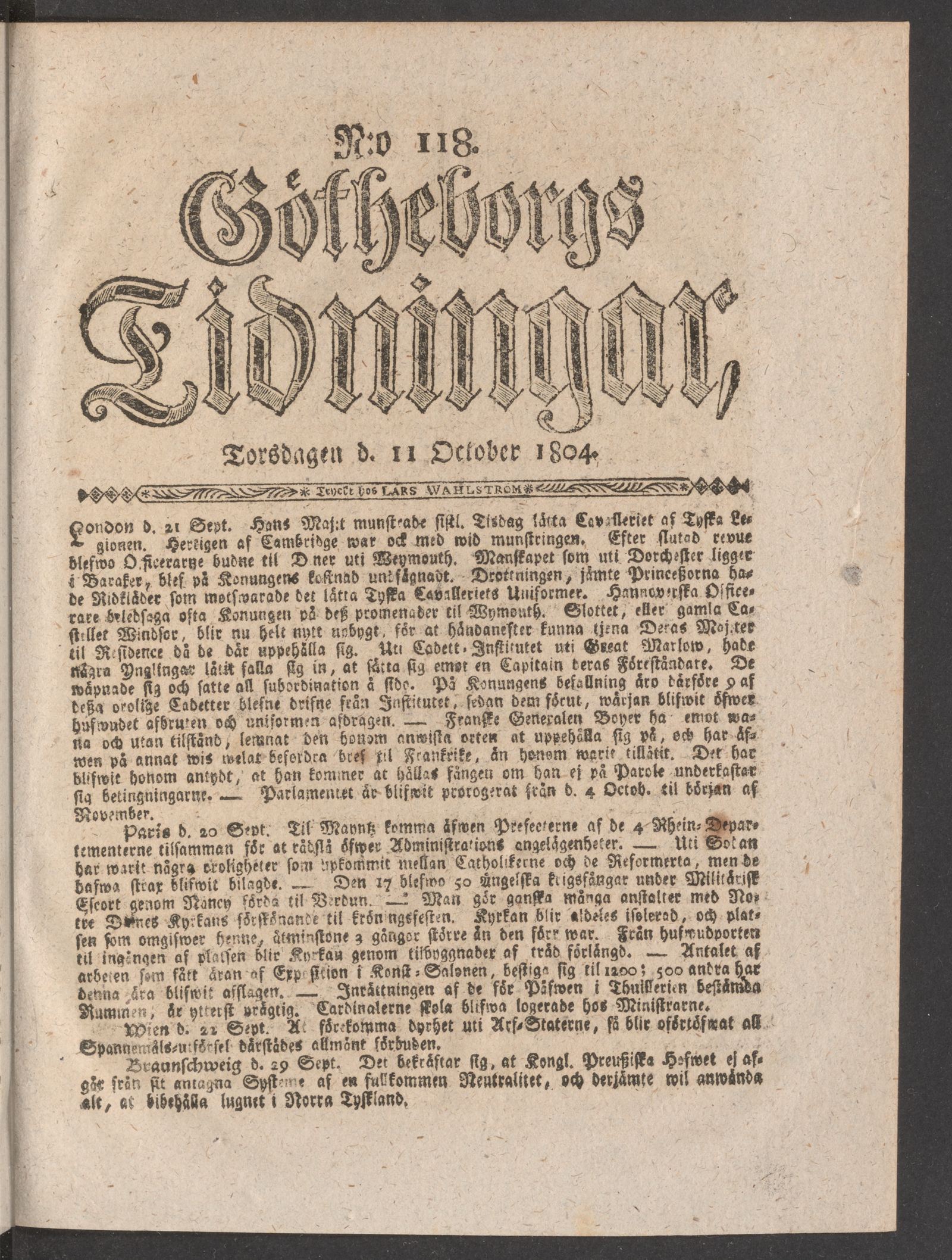 Tidningssida ur GÖTHEBORGS TIDNINGAR, 1804-10-11