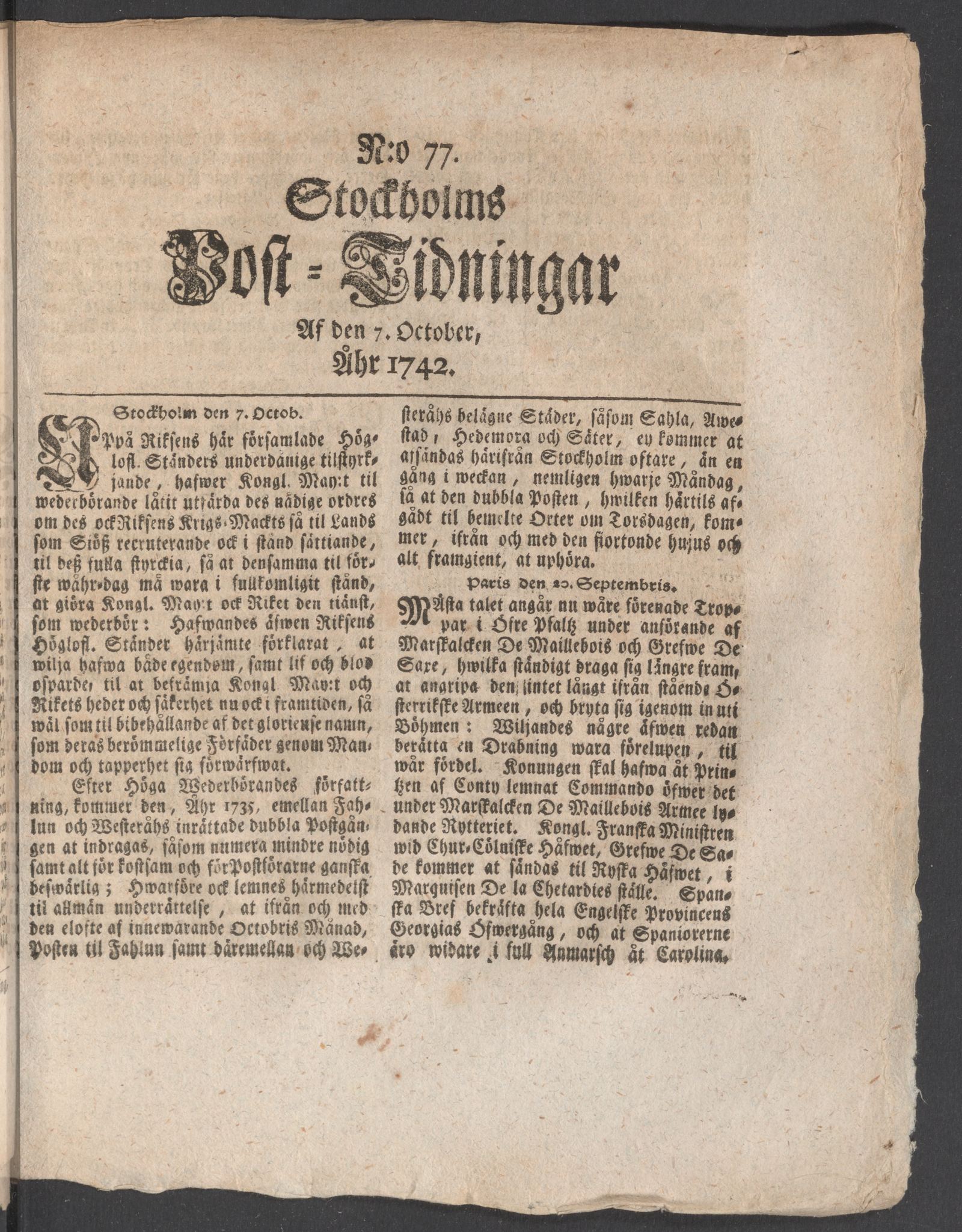 Tidningssida ur POSTTIDNINGAR, 1742-10-07