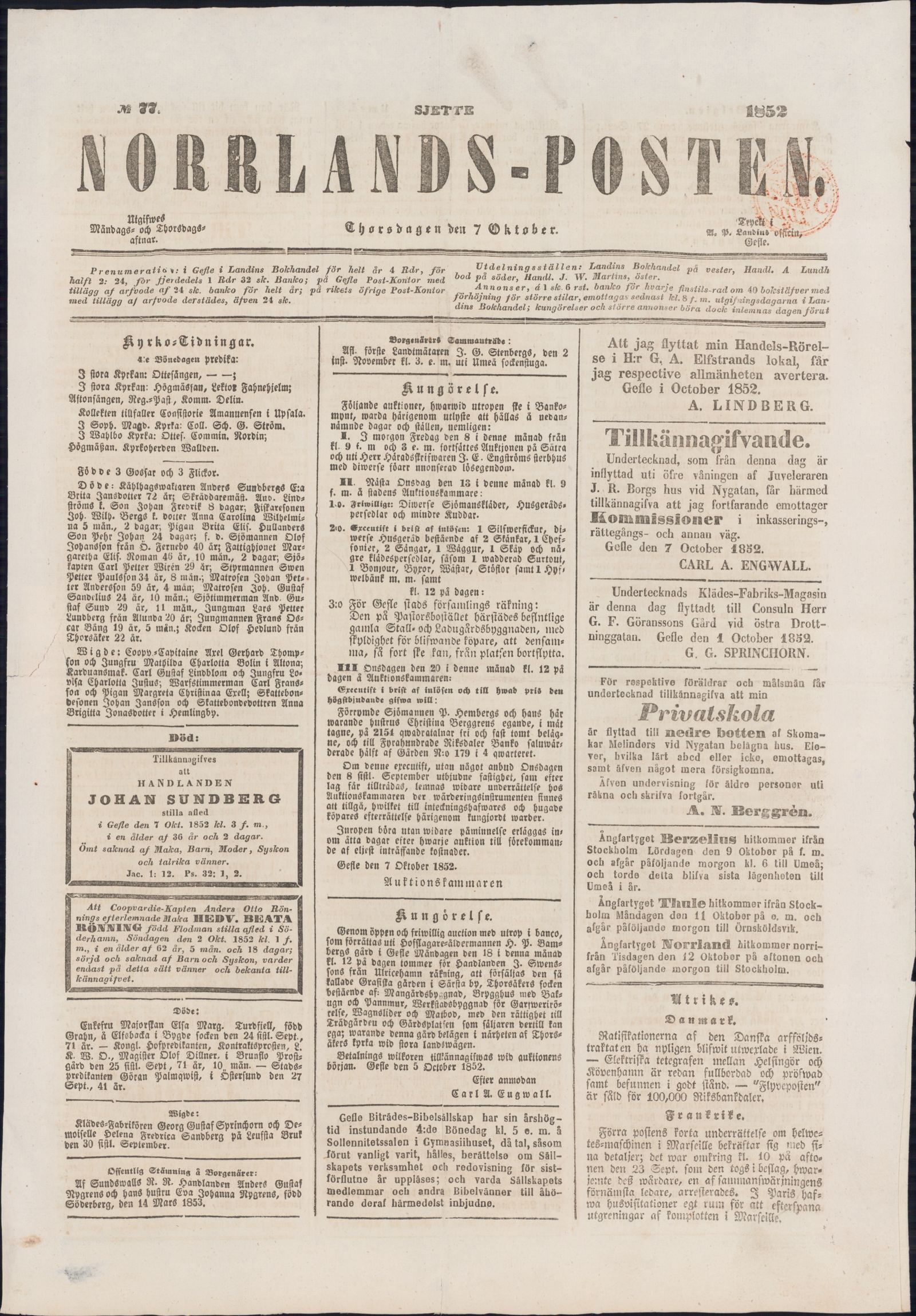 Tidningssida ur NORRLANDSPOSTEN, 1852-10-07