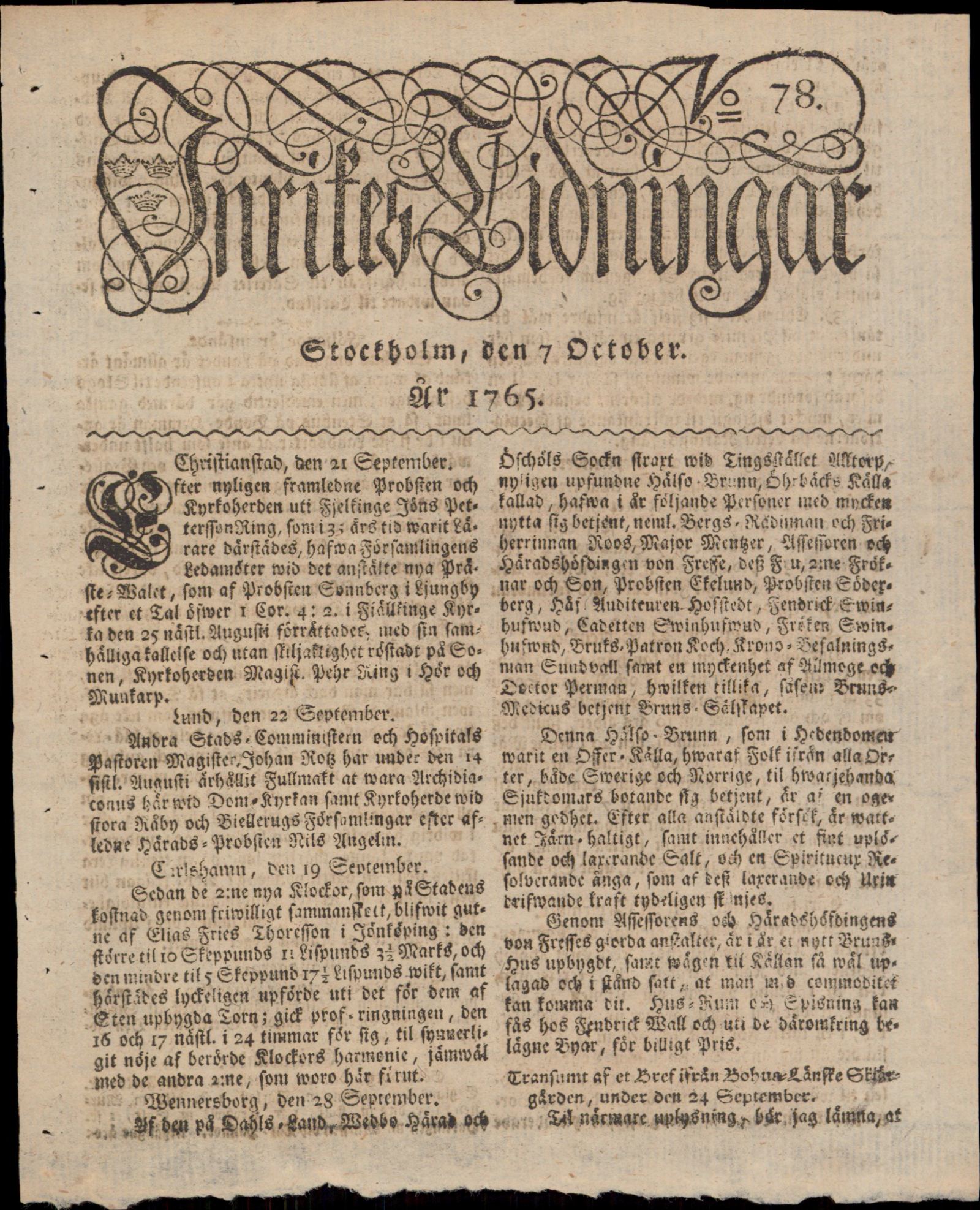 Tidningssida ur POSTTIDNINGAR, 1765-10-07