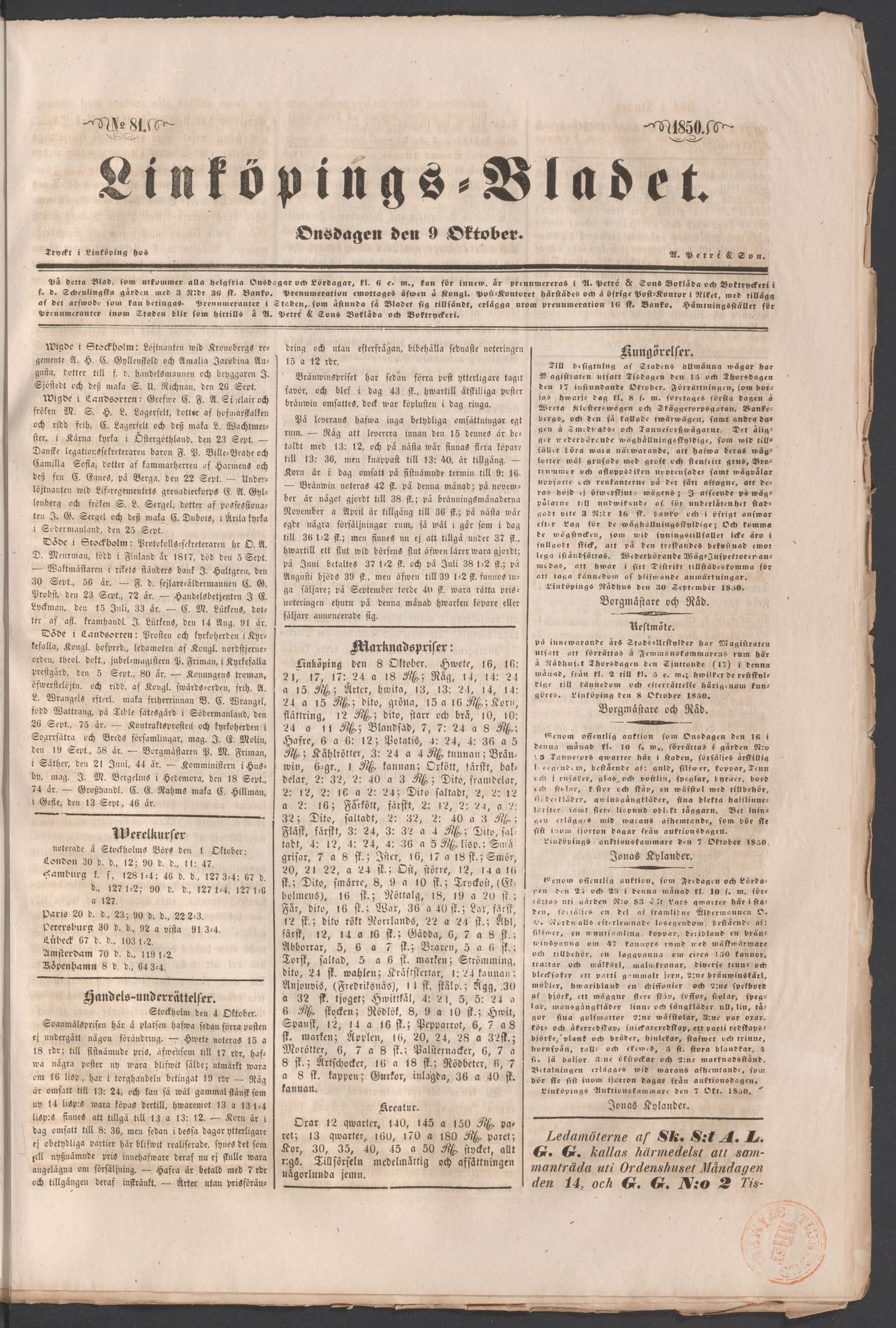 Tidningssida ur LINKÖPINGSBLADET, 1850-10-09