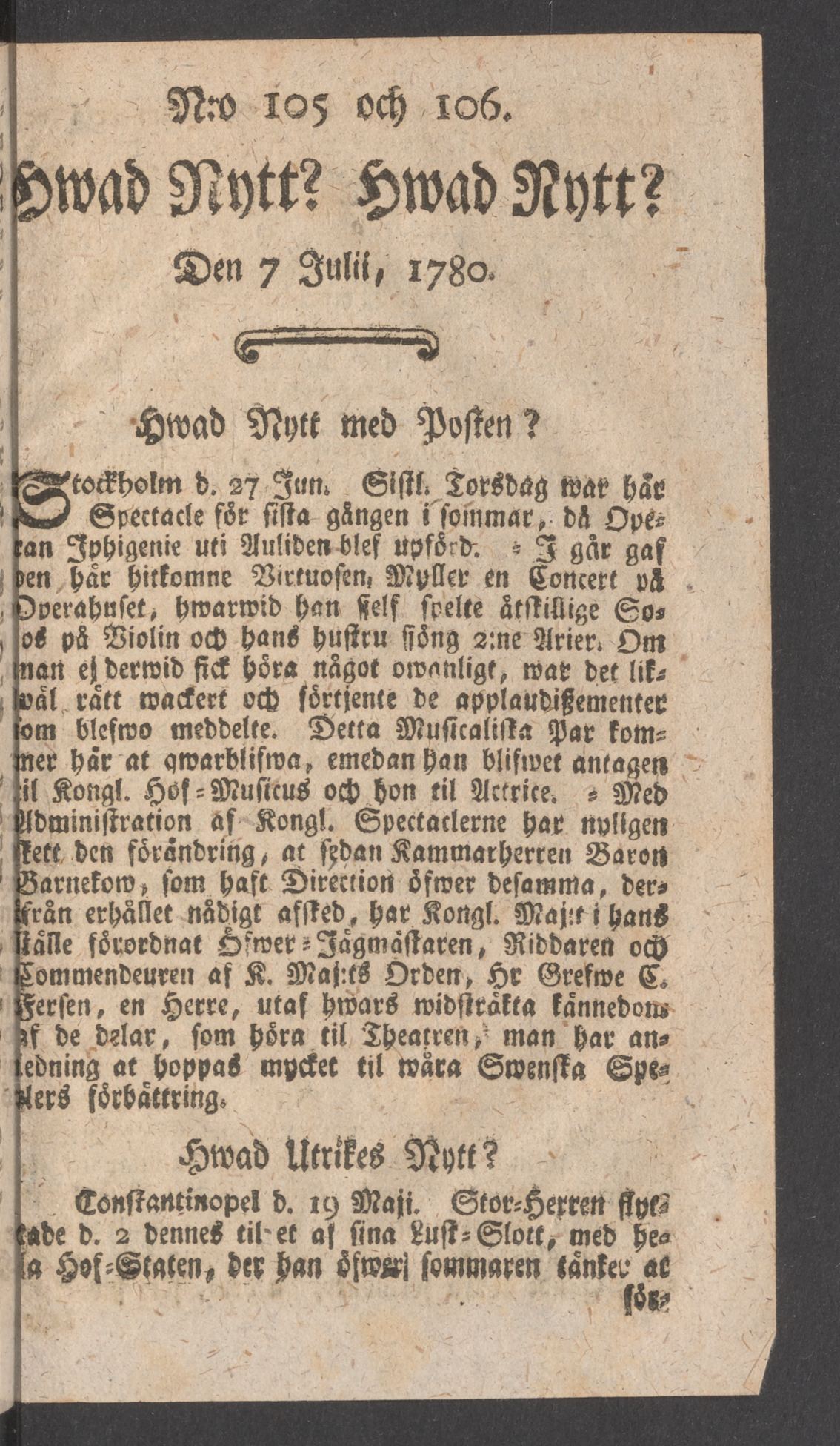Tidningssida ur HWAD NYTT?, 1780-07-07