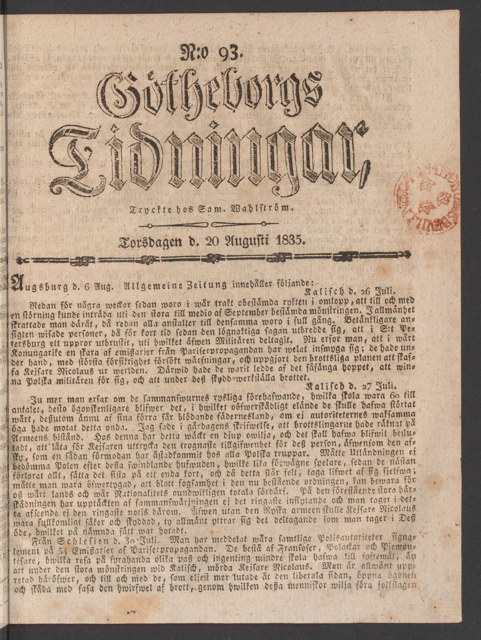 Tidningssida ur GÖTHEBORGS TIDNINGAR, 1835-08-20