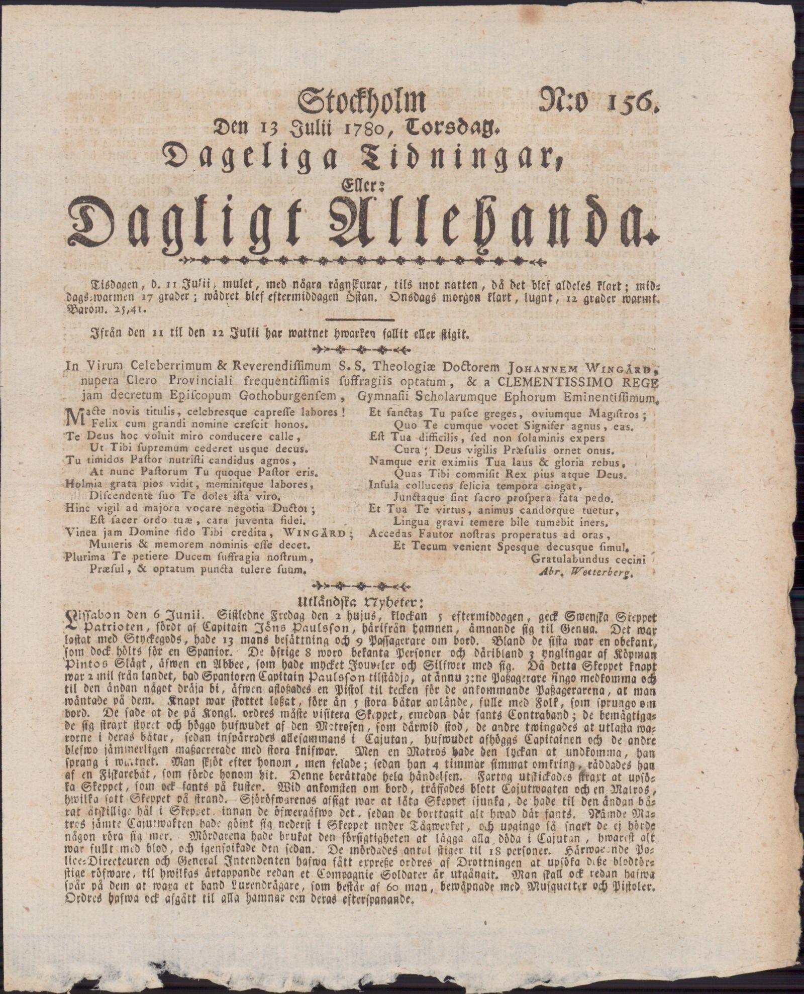 Tidningssida ur DAGLIGT ALLEHANDA, 1780-07-13