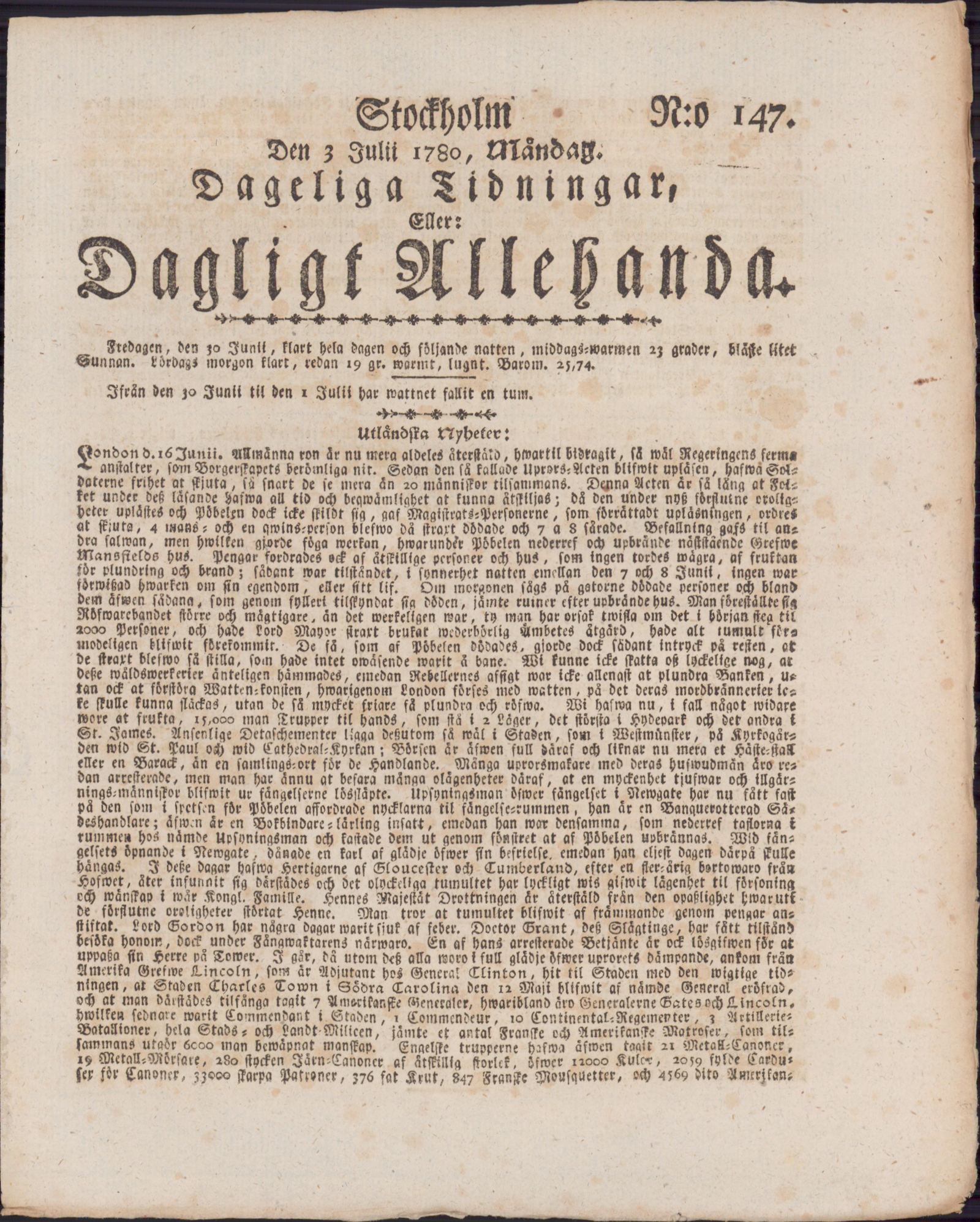 Tidningssida ur DAGLIGT ALLEHANDA, 1780-07-03