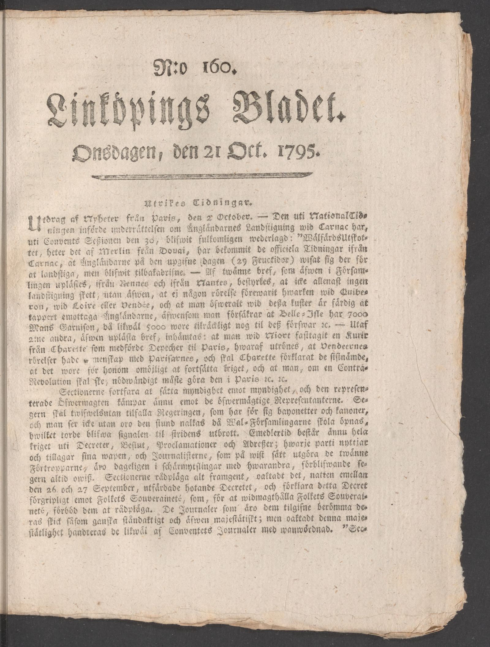 Tidningssida ur LINKÖPINGSBLADET, 1795-10-21