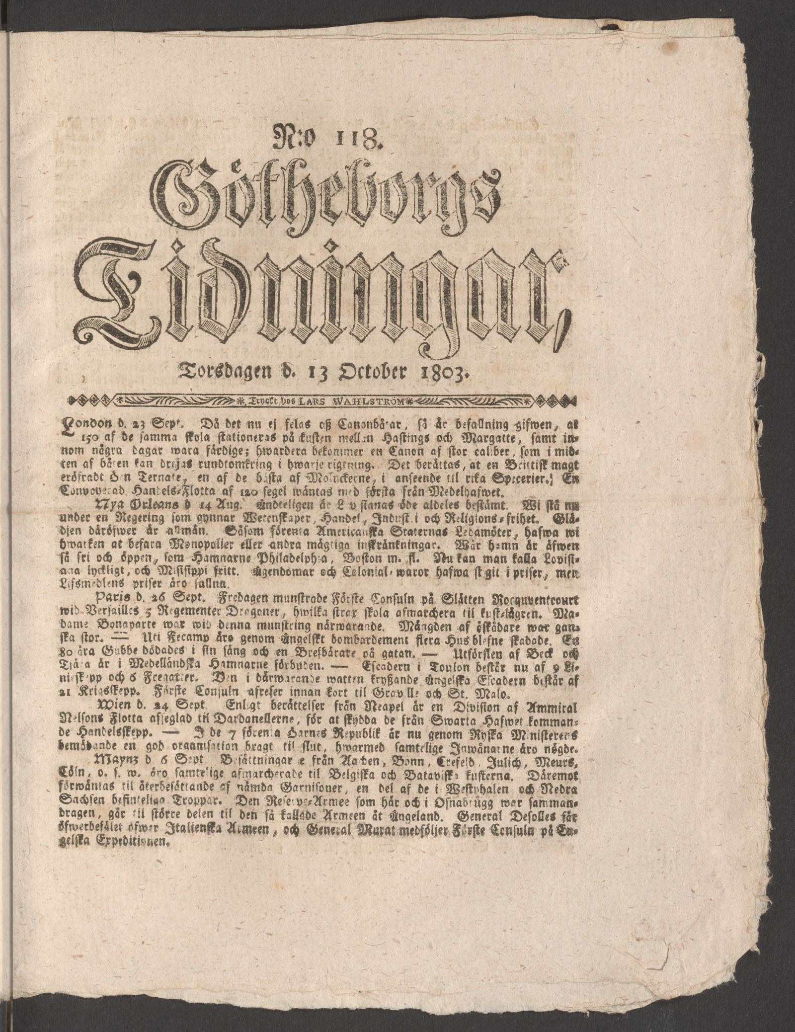 Tidningssida ur GÖTHEBORGS TIDNINGAR, 1803-10-13