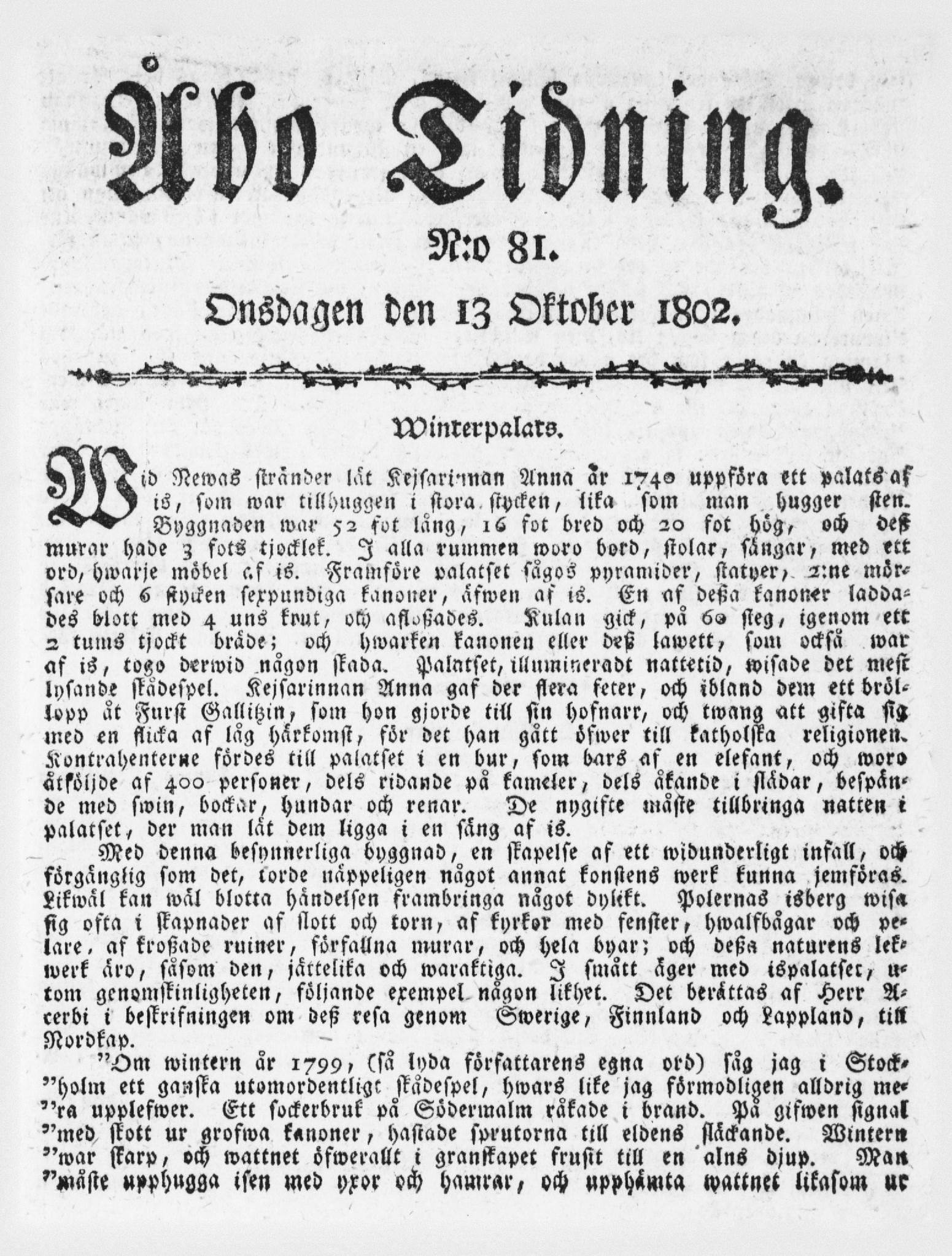 Tidningssida ur ÅBO TIDNING, 1802-10-13