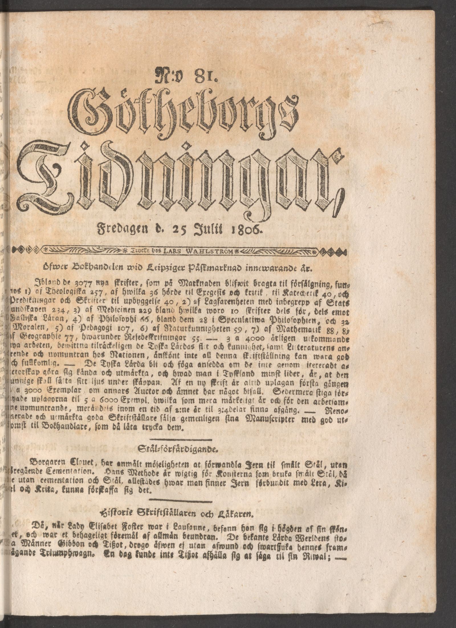 Tidningssida ur GÖTHEBORGS TIDNINGAR, 1806-07-25