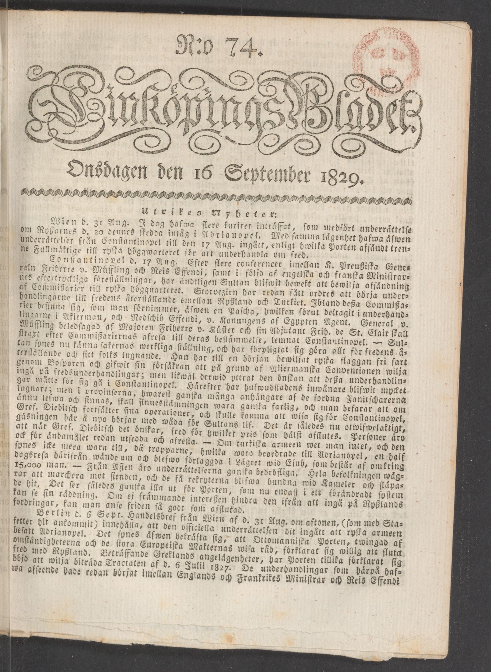 Tidningssida ur LINKÖPINGSBLADET, 1829-09-16