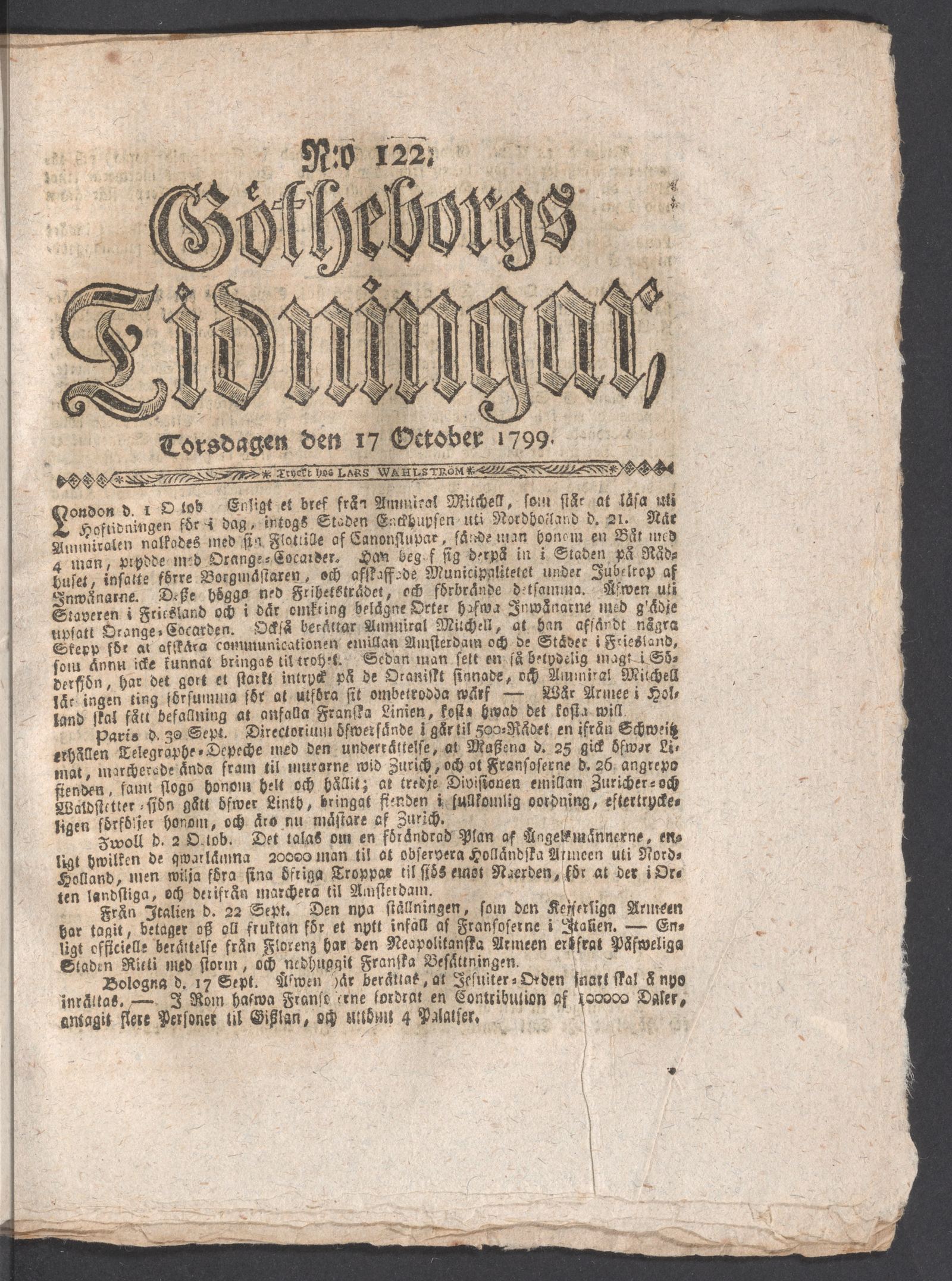 Tidningssida ur GÖTHEBORGS TIDNINGAR, 1799-10-17