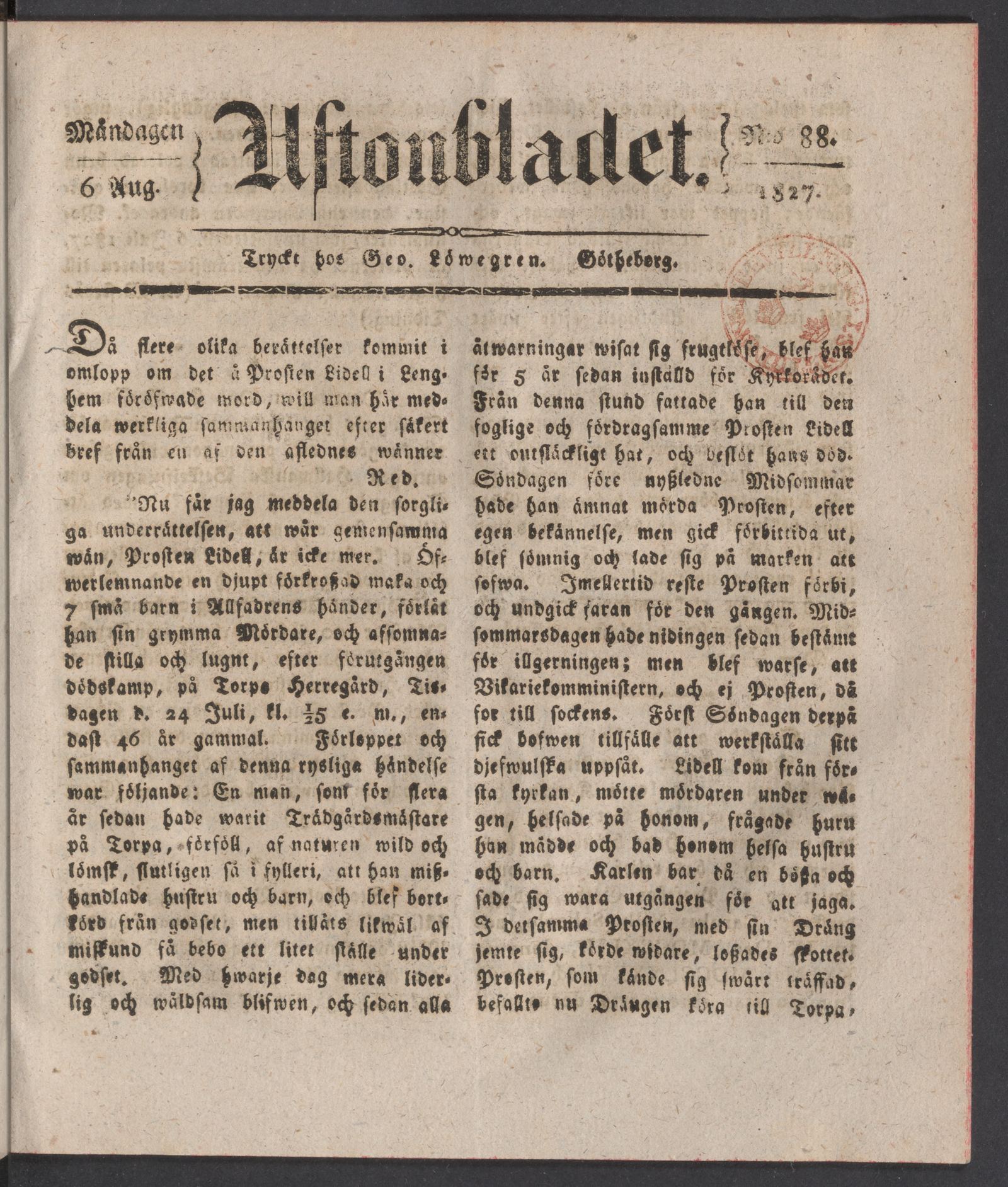 Tidningssida ur AFTONBLADET, 1827-08-06