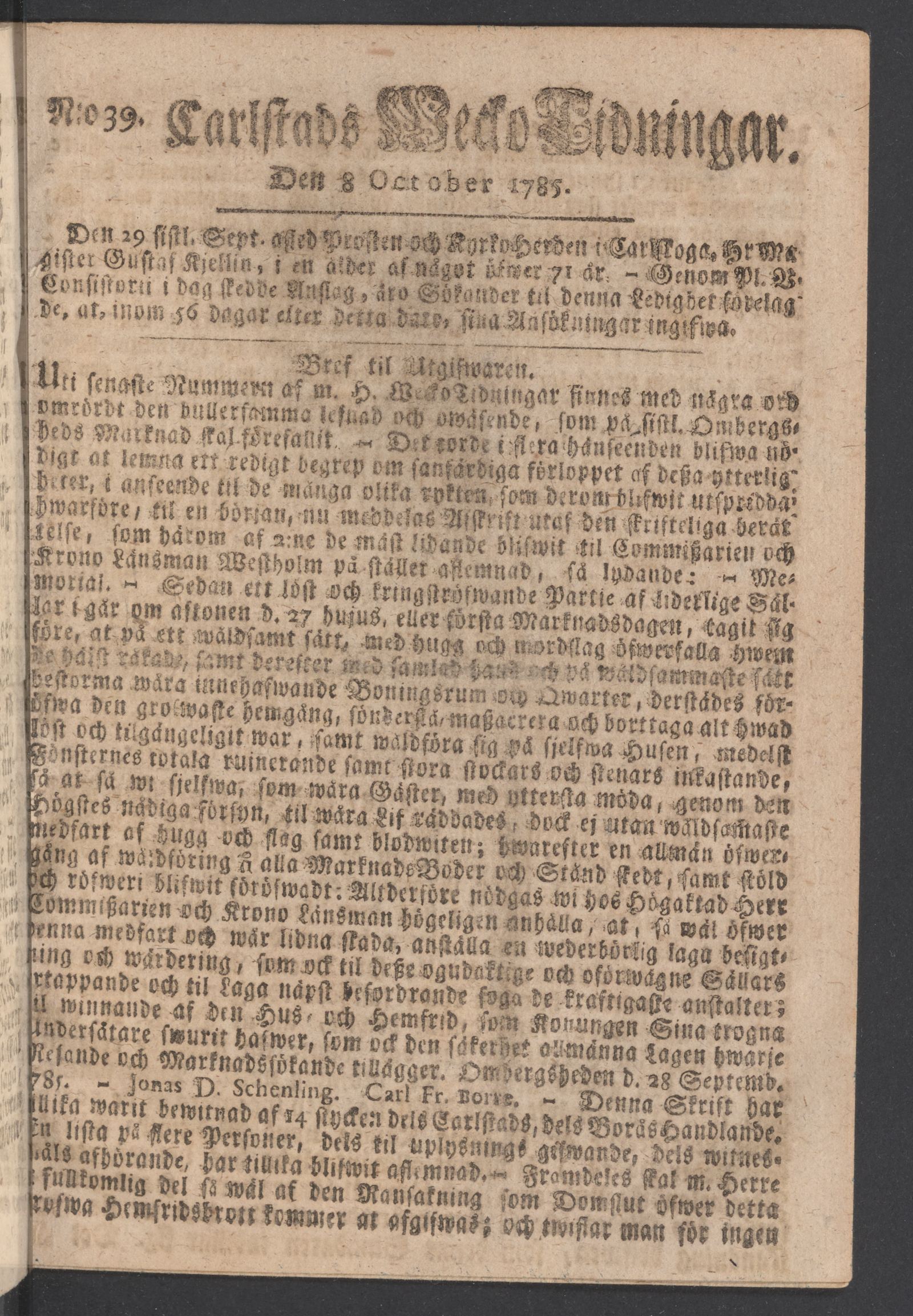 Tidningssida ur CARLSTADS WECKOTIDNINGAR, 1785-10-08