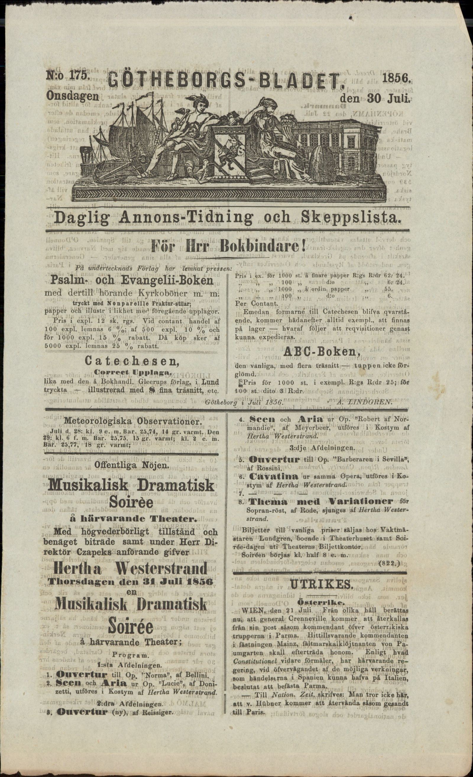 Tidningssida ur GÖTHEBORGSBLADET, 1856-07-30