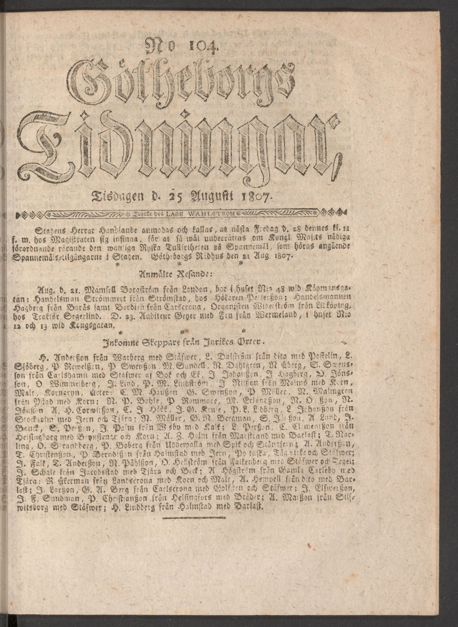 Tidningssida ur GÖTHEBORGS TIDNINGAR, 1807-08-25