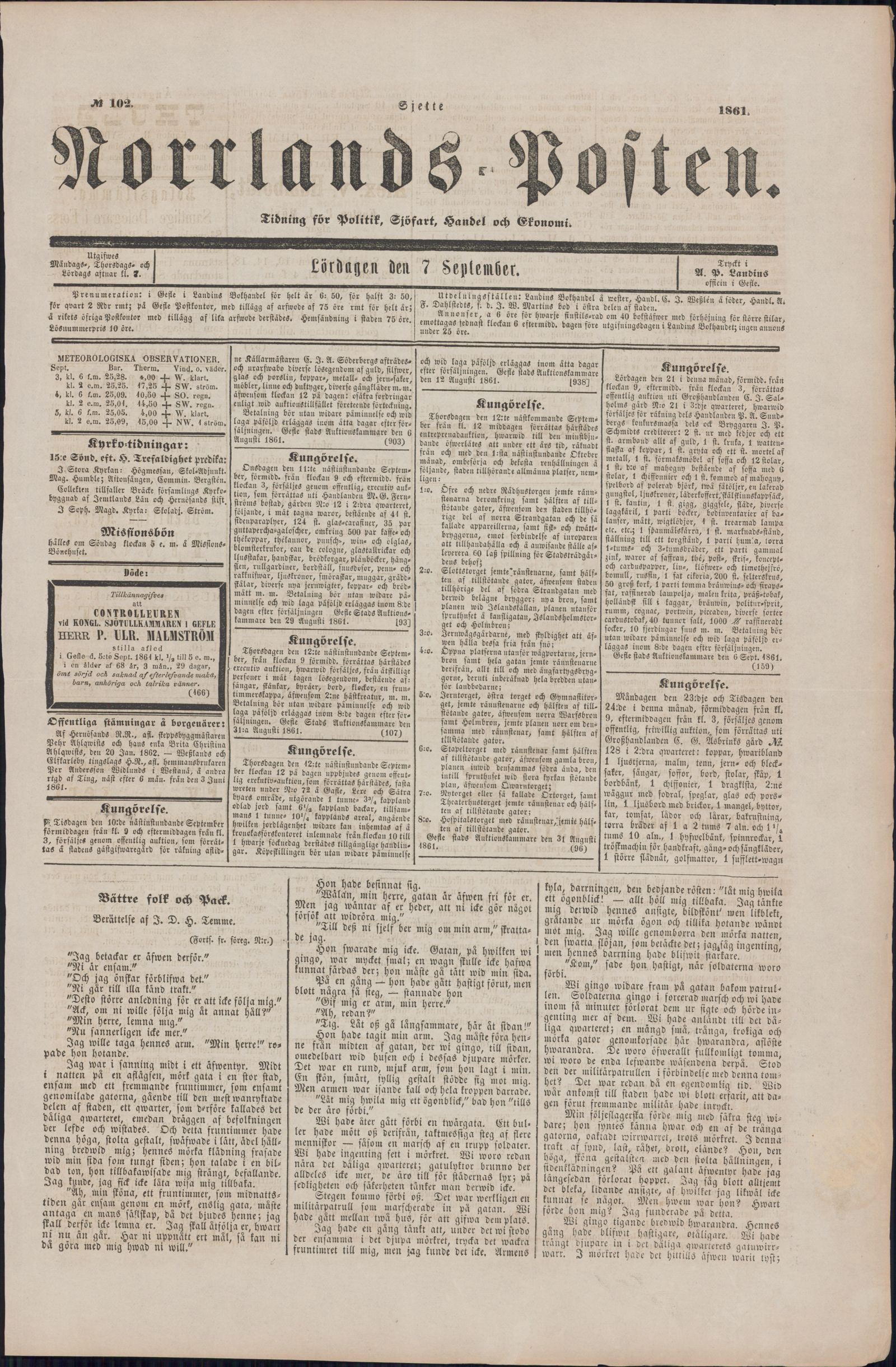 Tidningssida ur NORRLANDSPOSTEN, 1861-09-07