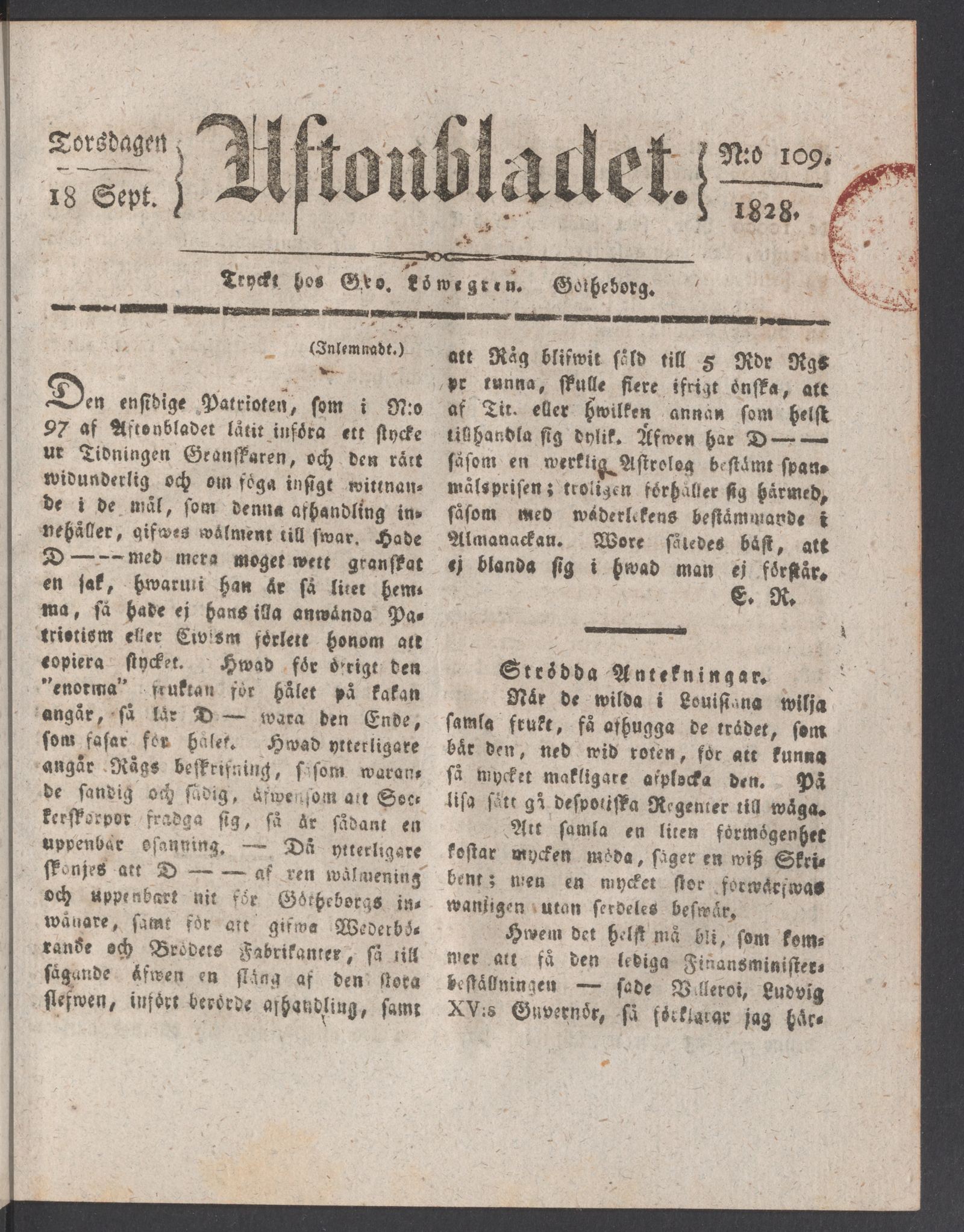 Tidningssida ur AFTONBLADET, 1828-09-18