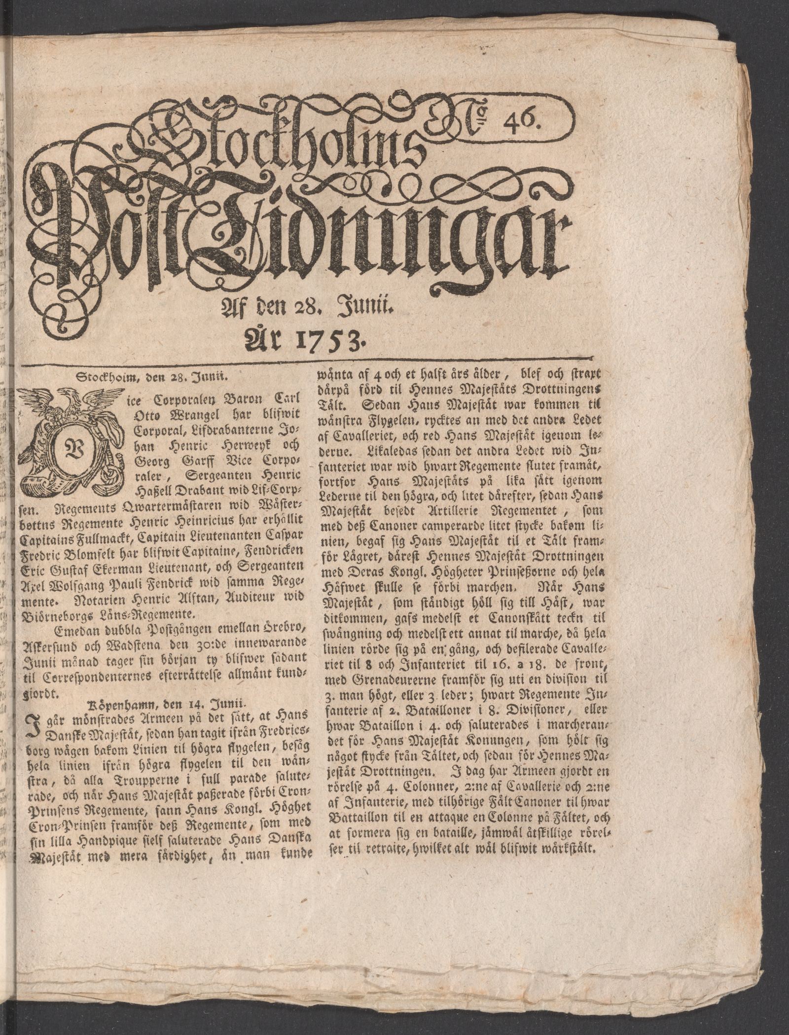 Tidningssida ur POSTTIDNINGAR, 1753-06-28