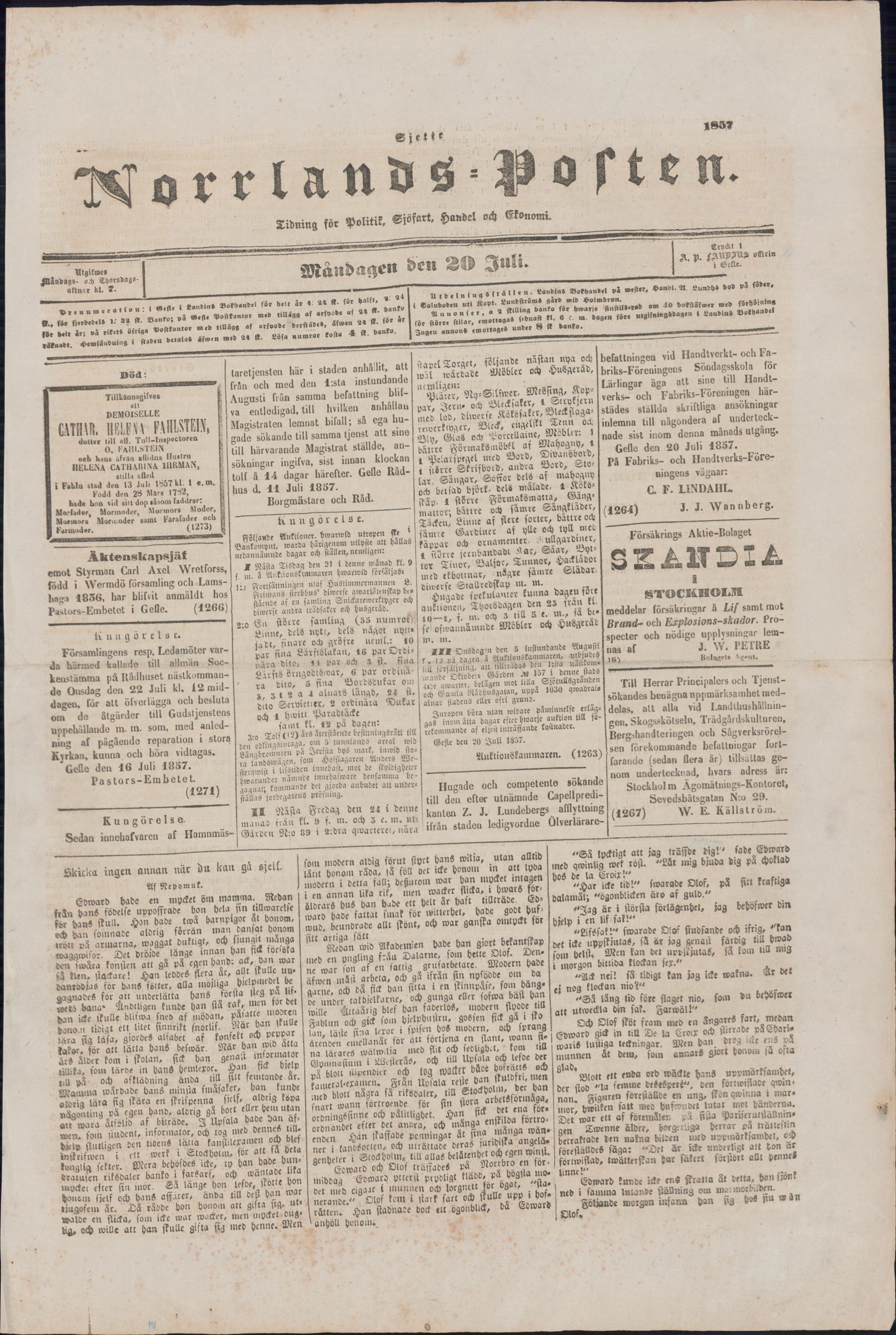 Tidningssida ur NORRLANDSPOSTEN, 1857-07-20