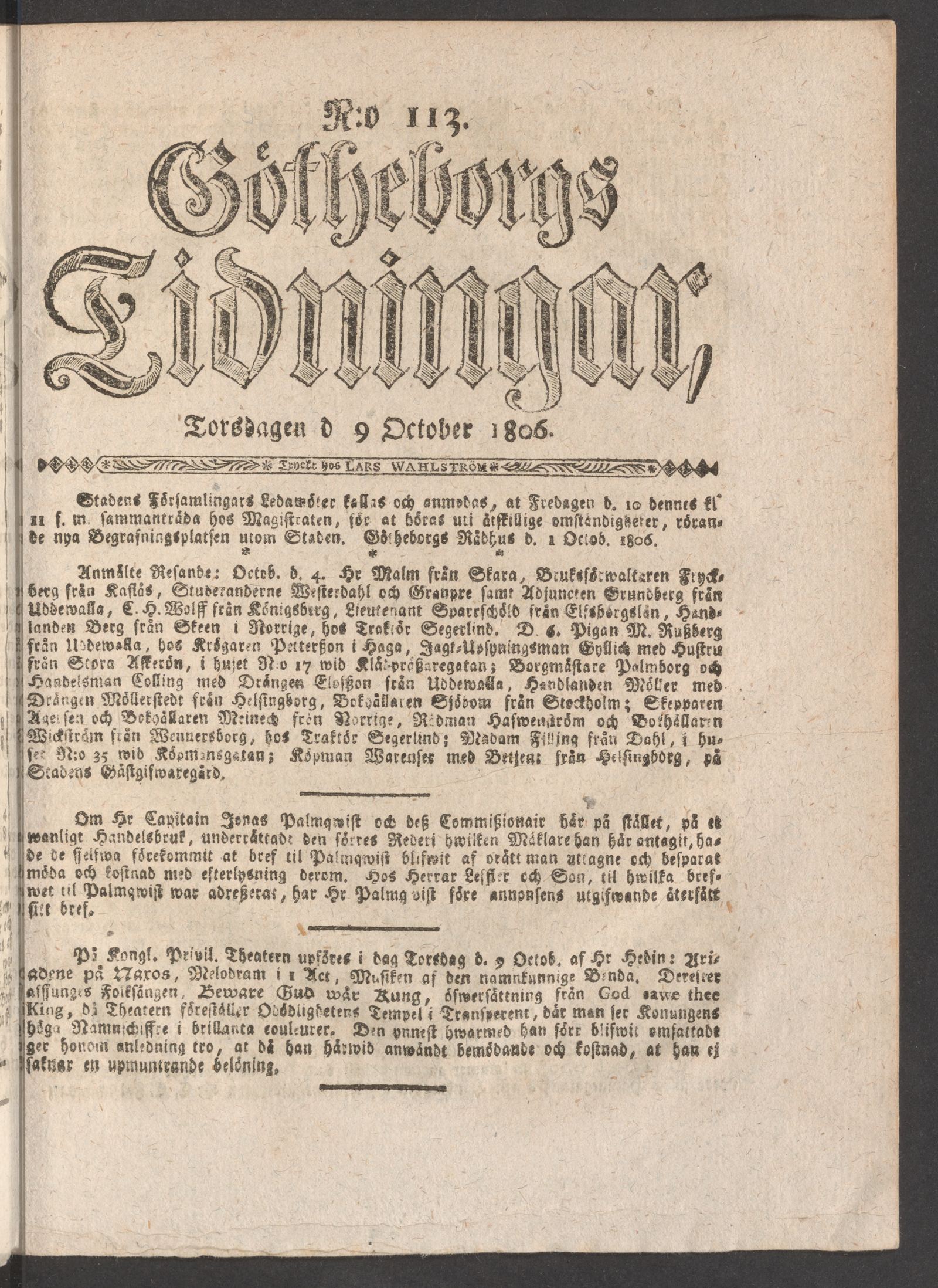 Tidningssida ur GÖTHEBORGS TIDNINGAR, 1806-10-09