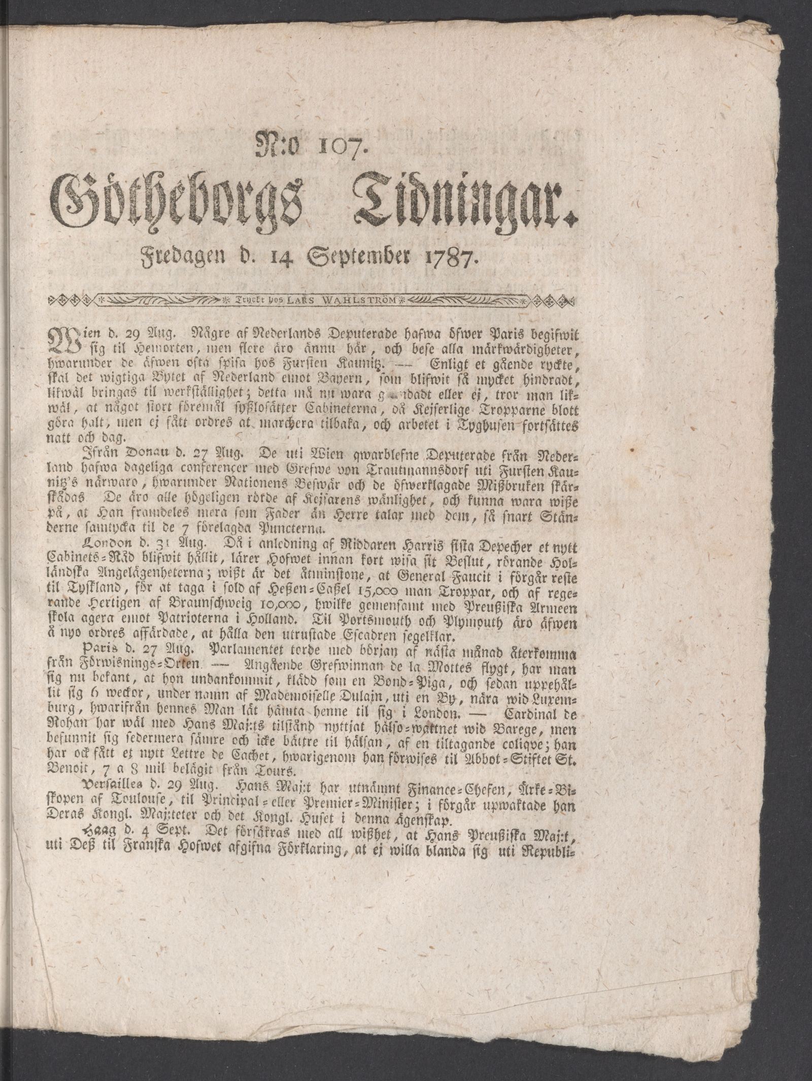 Tidningssida ur GÖTHEBORGS TIDNINGAR, 1787-09-14