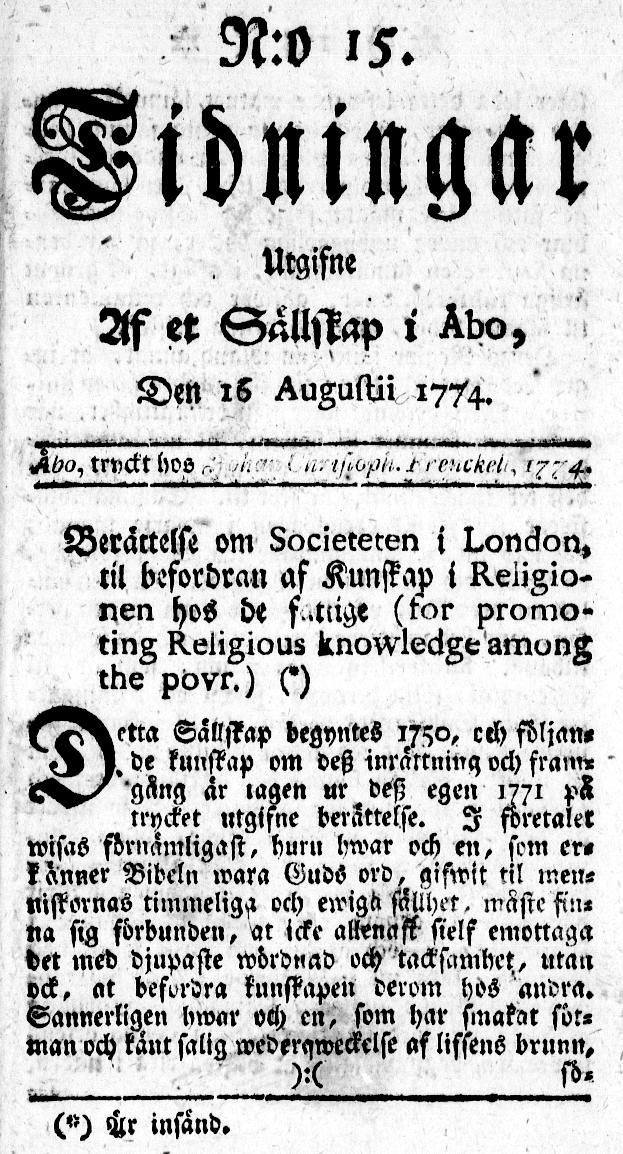 Tidningssida ur TIDNINGAR UTGIFNE AF ET SÄLLSKAP I ÅBO, 1774-08-16