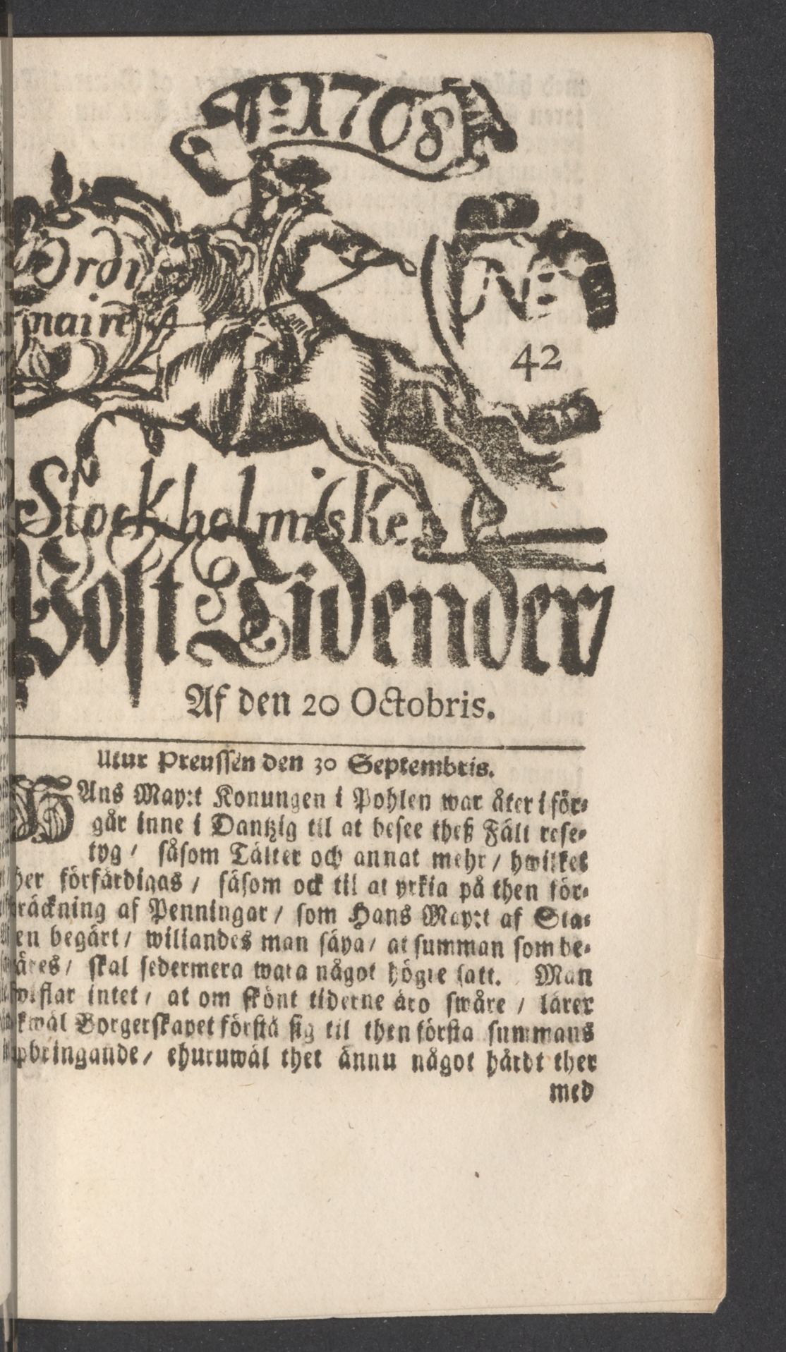 Tidningssida ur POSTTIDNINGAR, 1708-10-20