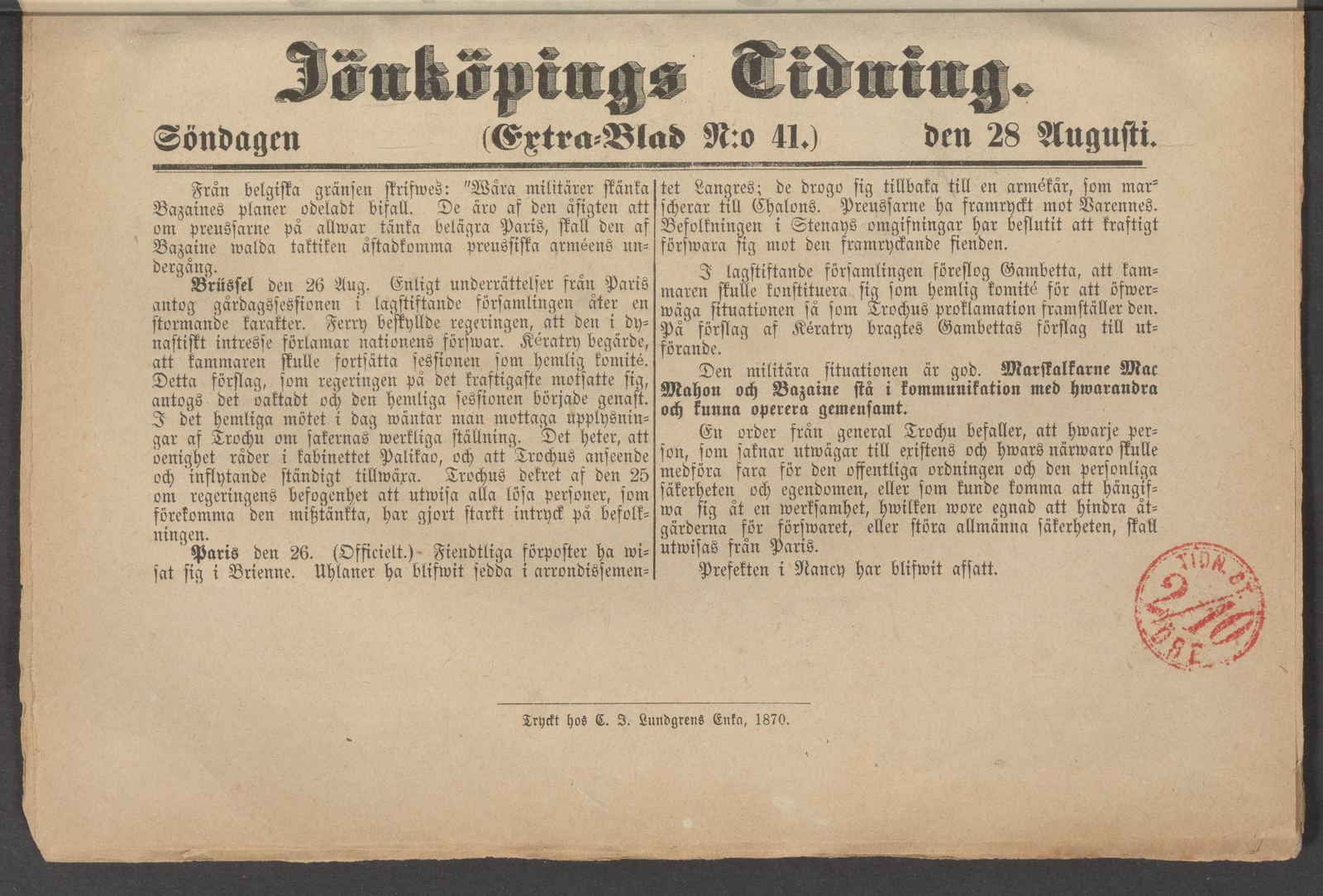 Tidningssida ur JÖNKÖPINGS TIDNING, 1870-08-28